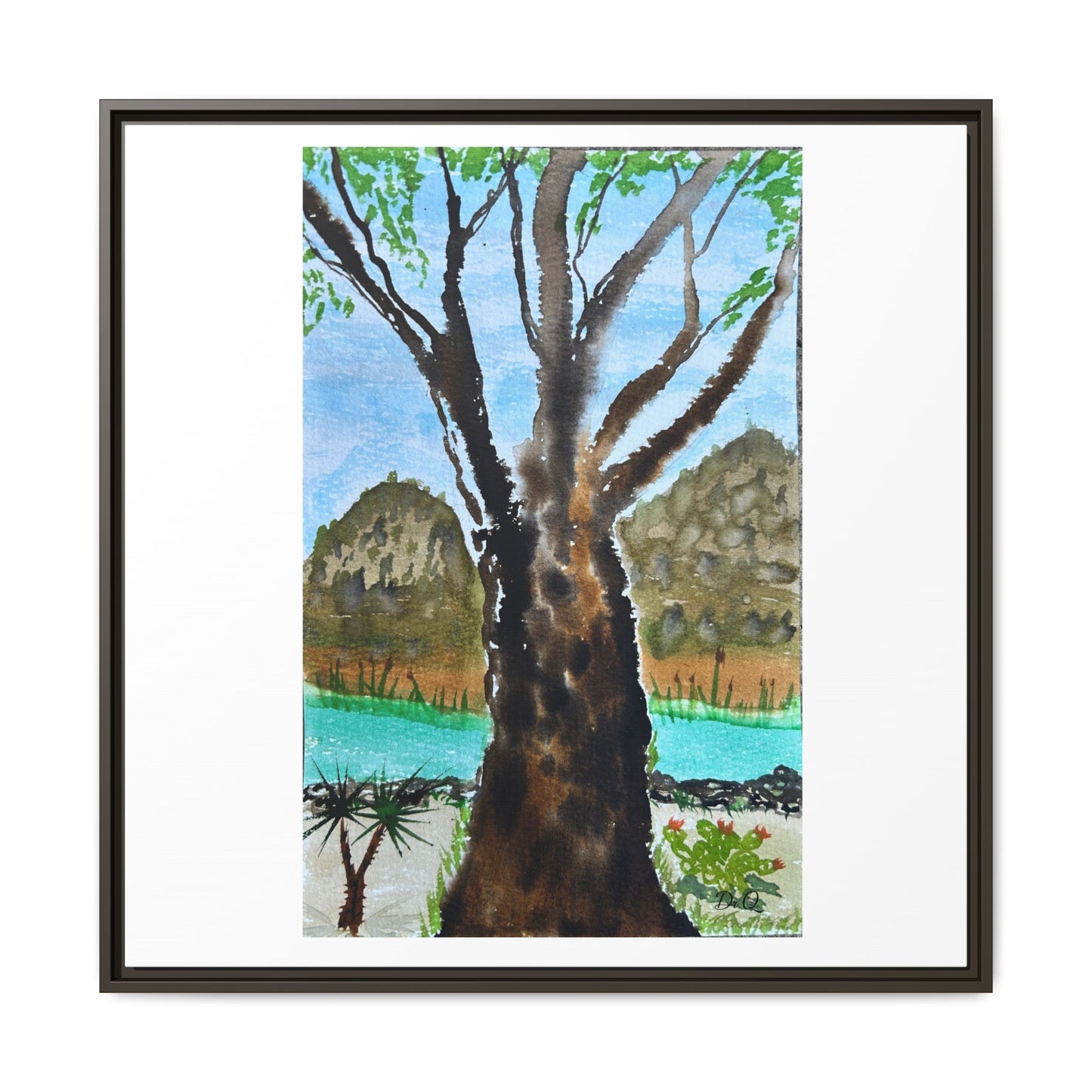 Tranquil Lakeside Tree Watercolor - Framed Matte Canvas Print by Dr. Q