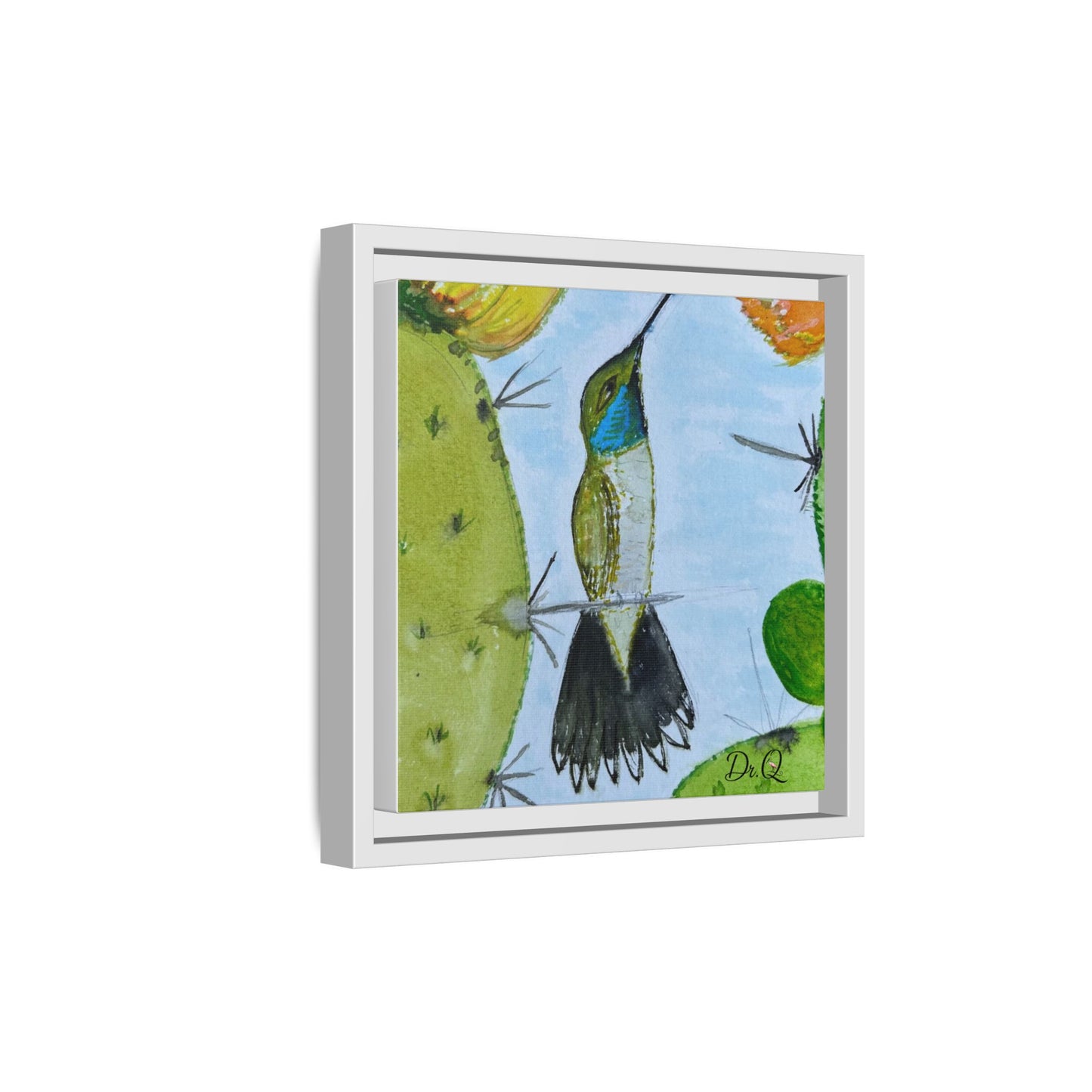 Framed Hummingbird Cactus Watercolor Print on Canvas by Dr. Q — Floral Desert Wall Art