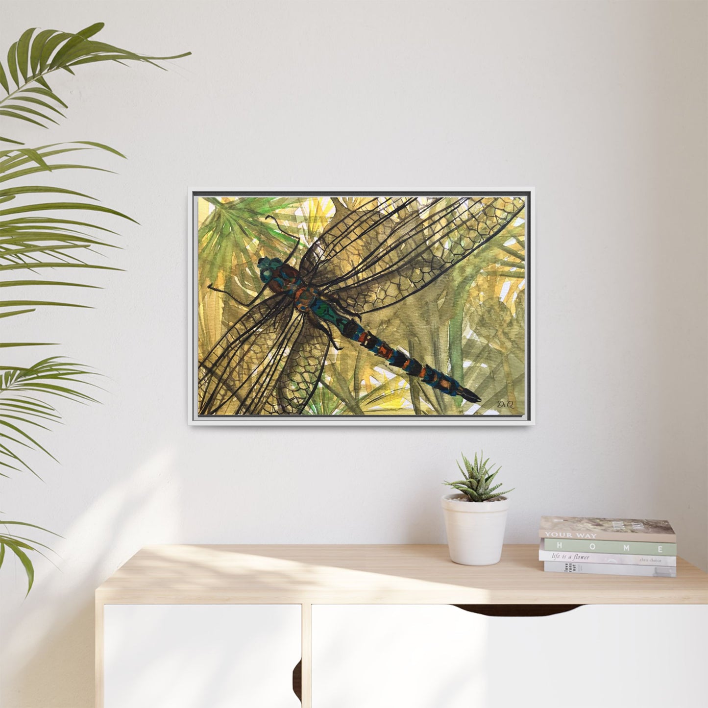 Dragonfly Framed Canvas Art — Botanical Watercolor Wall Decor