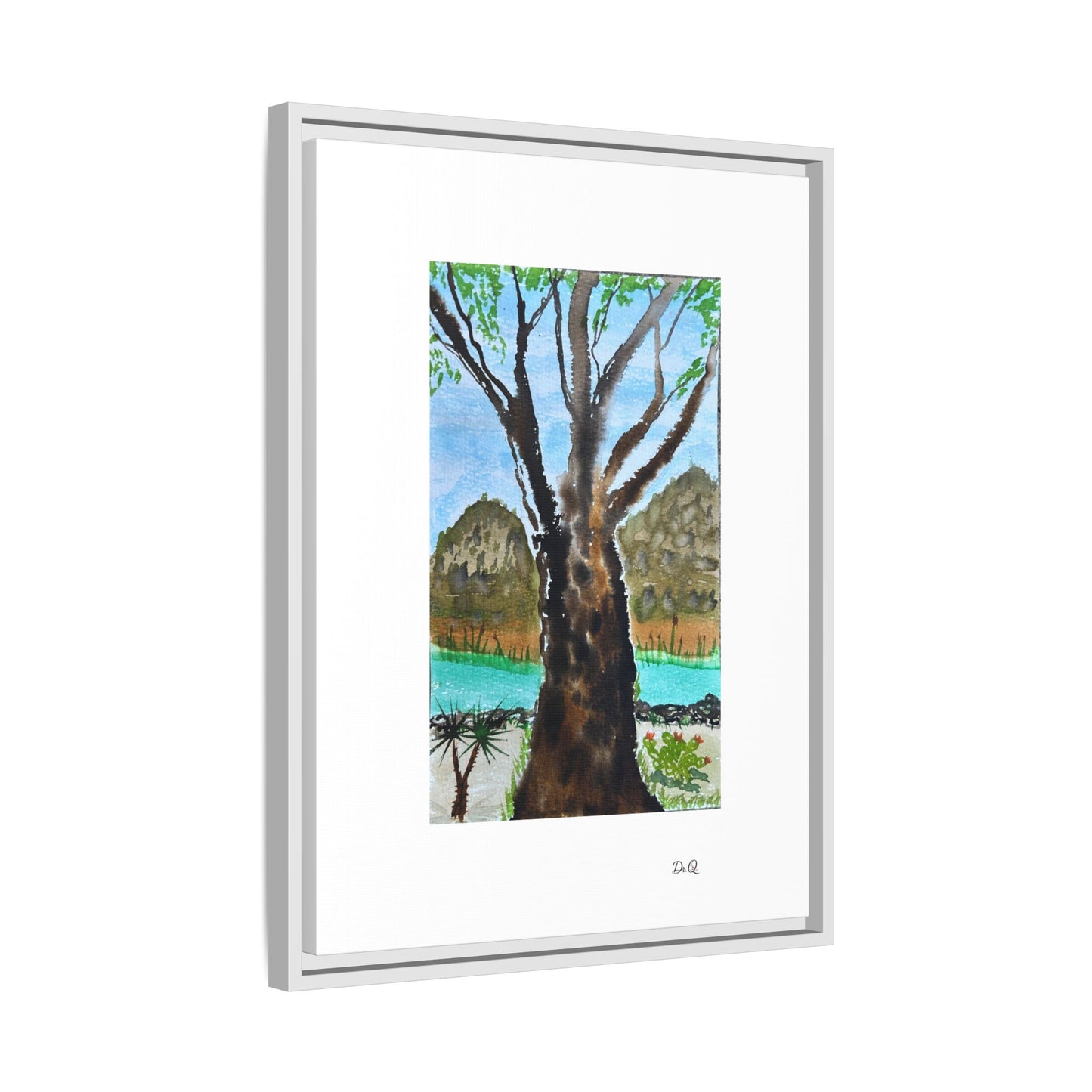 Tranquil Lakeside Tree Watercolor - Framed Matte Canvas Print by Dr. Q