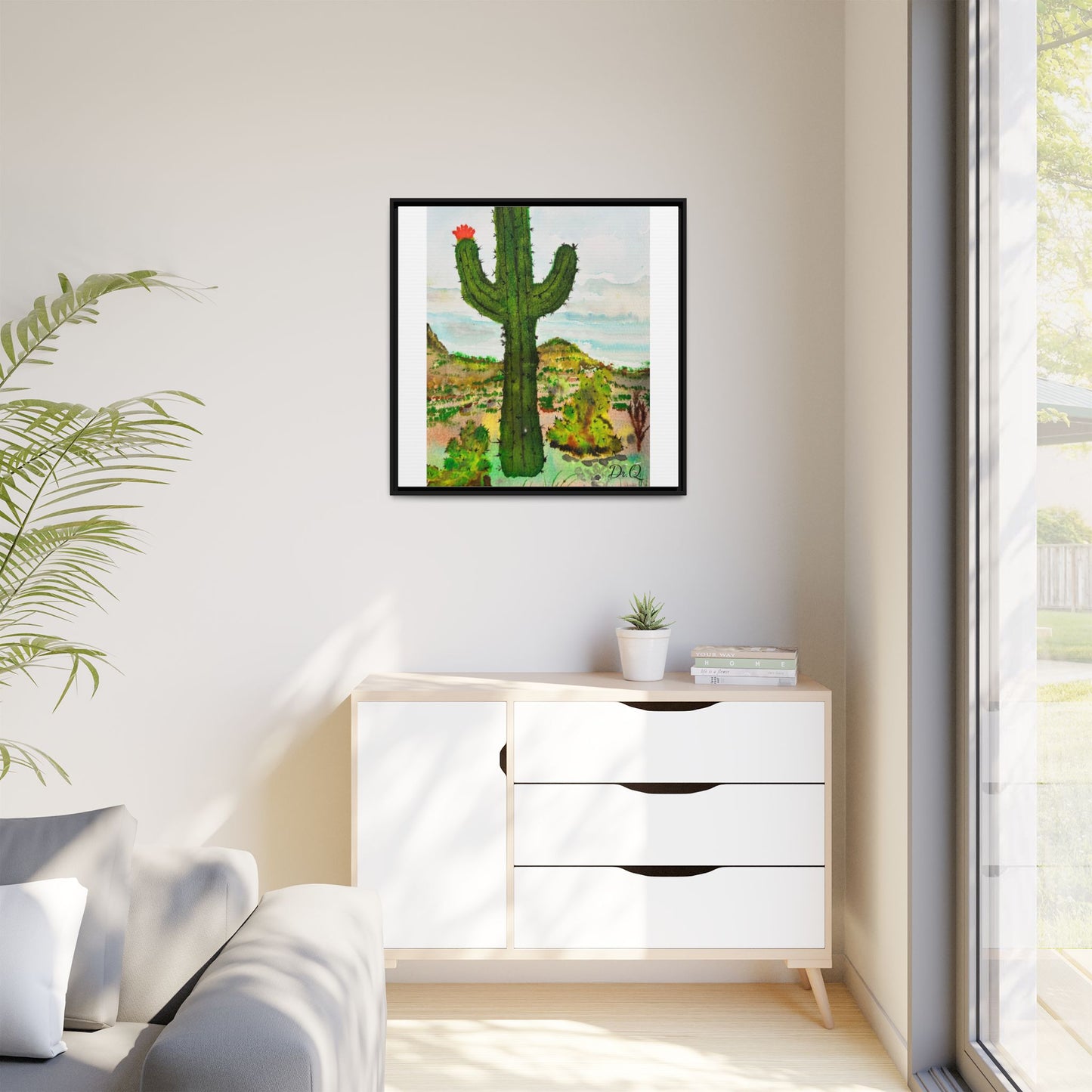 Framed Cactus Canvas Print — Desert Watercolor Wall Art