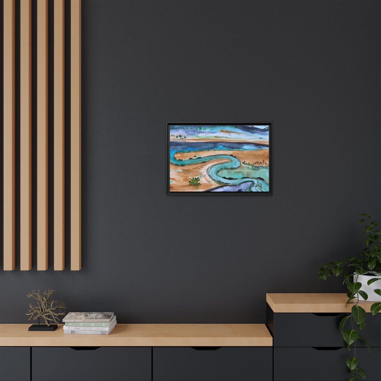 Winding River by Dr. Q - Framed Matte Canvas Watercolor Wall Art