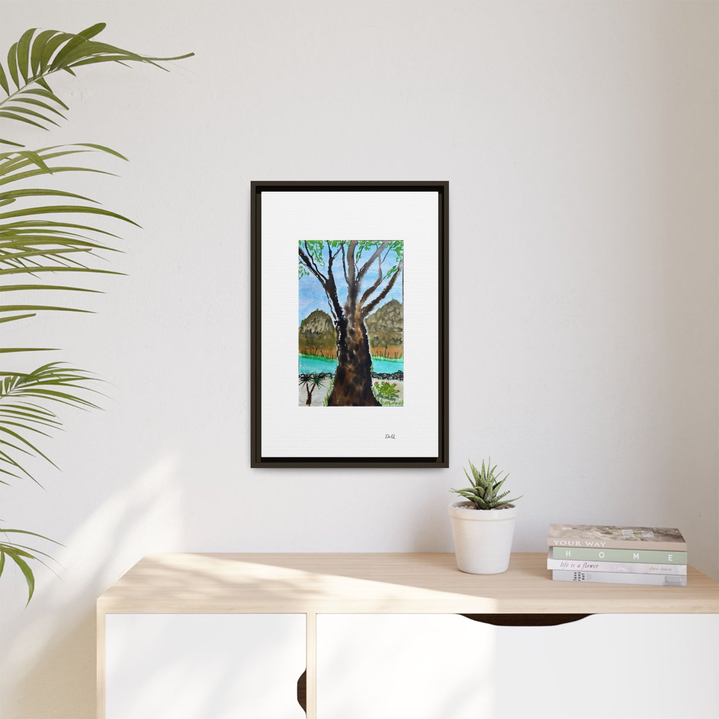 Tranquil Lakeside Tree Watercolor - Framed Matte Canvas Print by Dr. Q