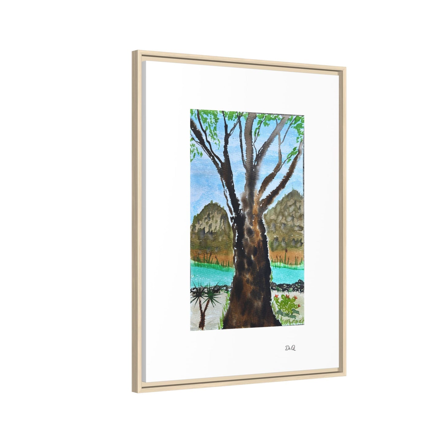 Tranquil Lakeside Tree Watercolor - Framed Matte Canvas Print by Dr. Q