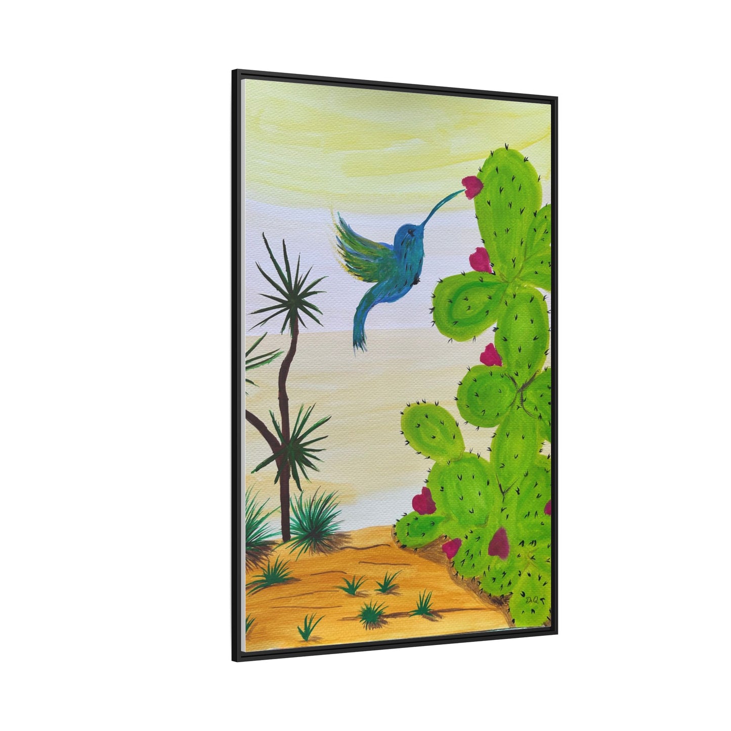 Tropical Cactus & Hummingbird Wall Art - Framed Matte Canvas