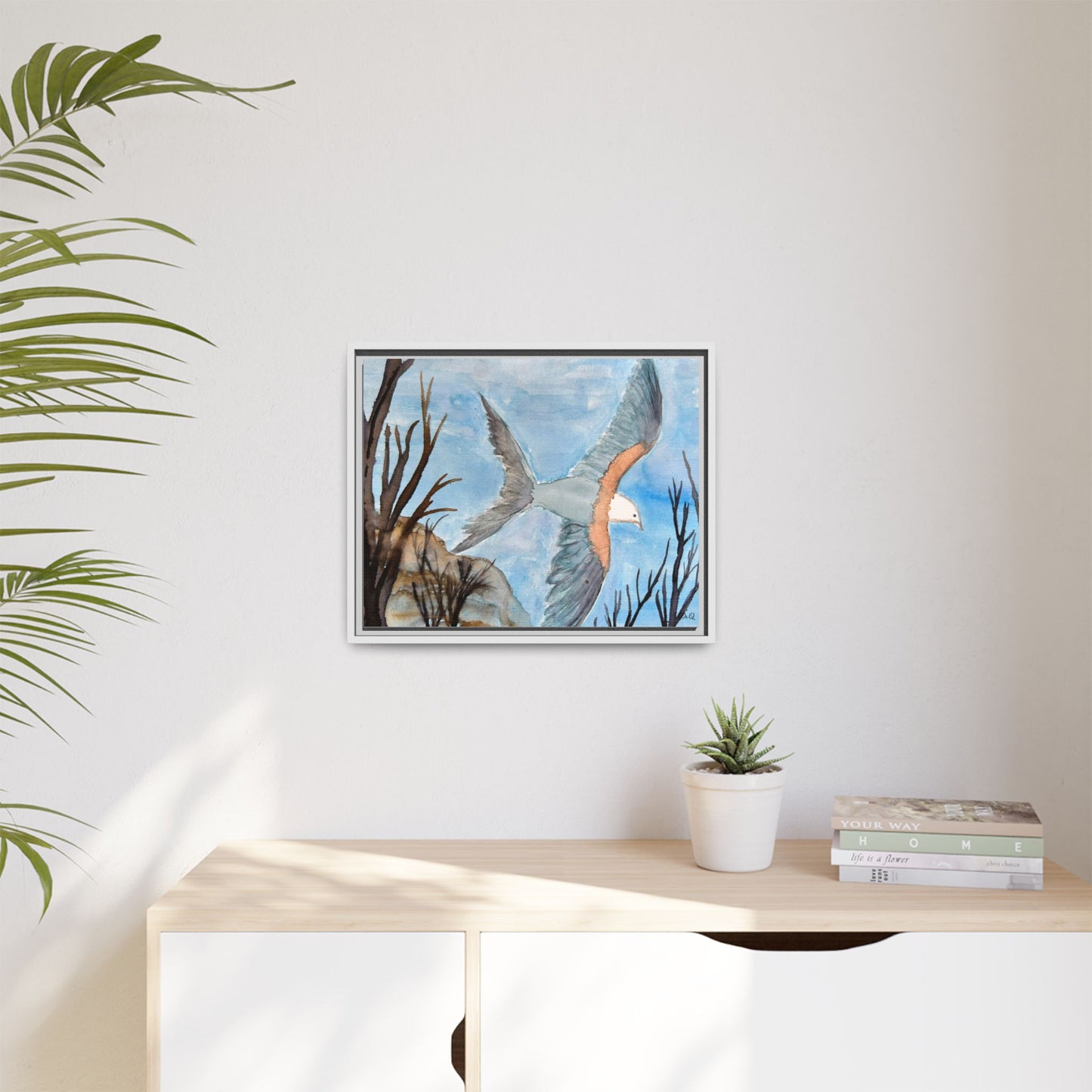 Framed Matte Canvas Wall Art — Soaring Seagull Coastal Print