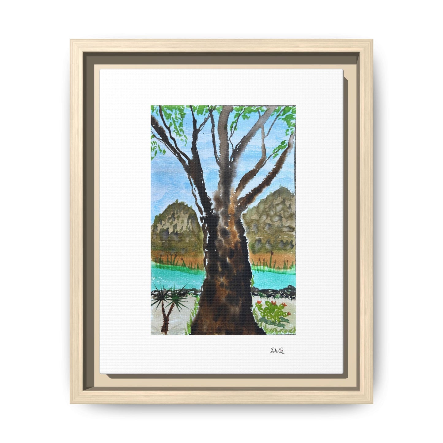Tranquil Lakeside Tree Watercolor - Framed Matte Canvas Print by Dr. Q