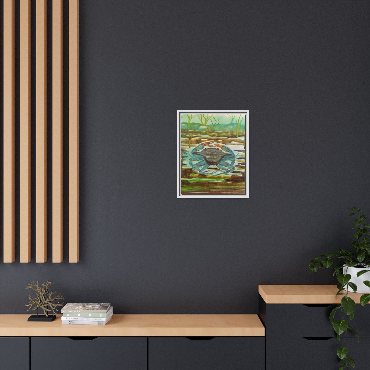 Blue Crab Coastal Art Print — Matte Framed Canvas