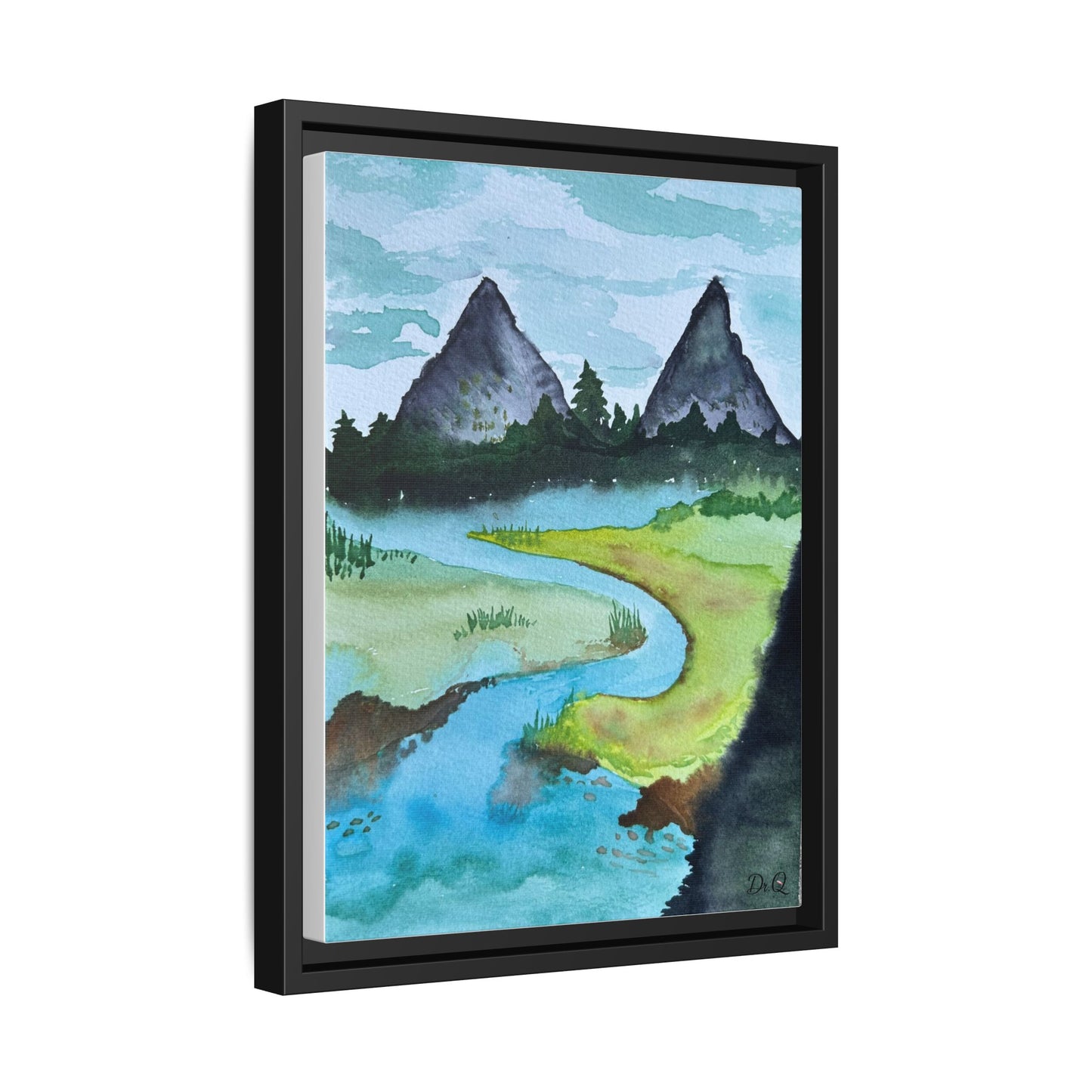 Mountain River Framed Canvas Watercolor Print by Dr. Q