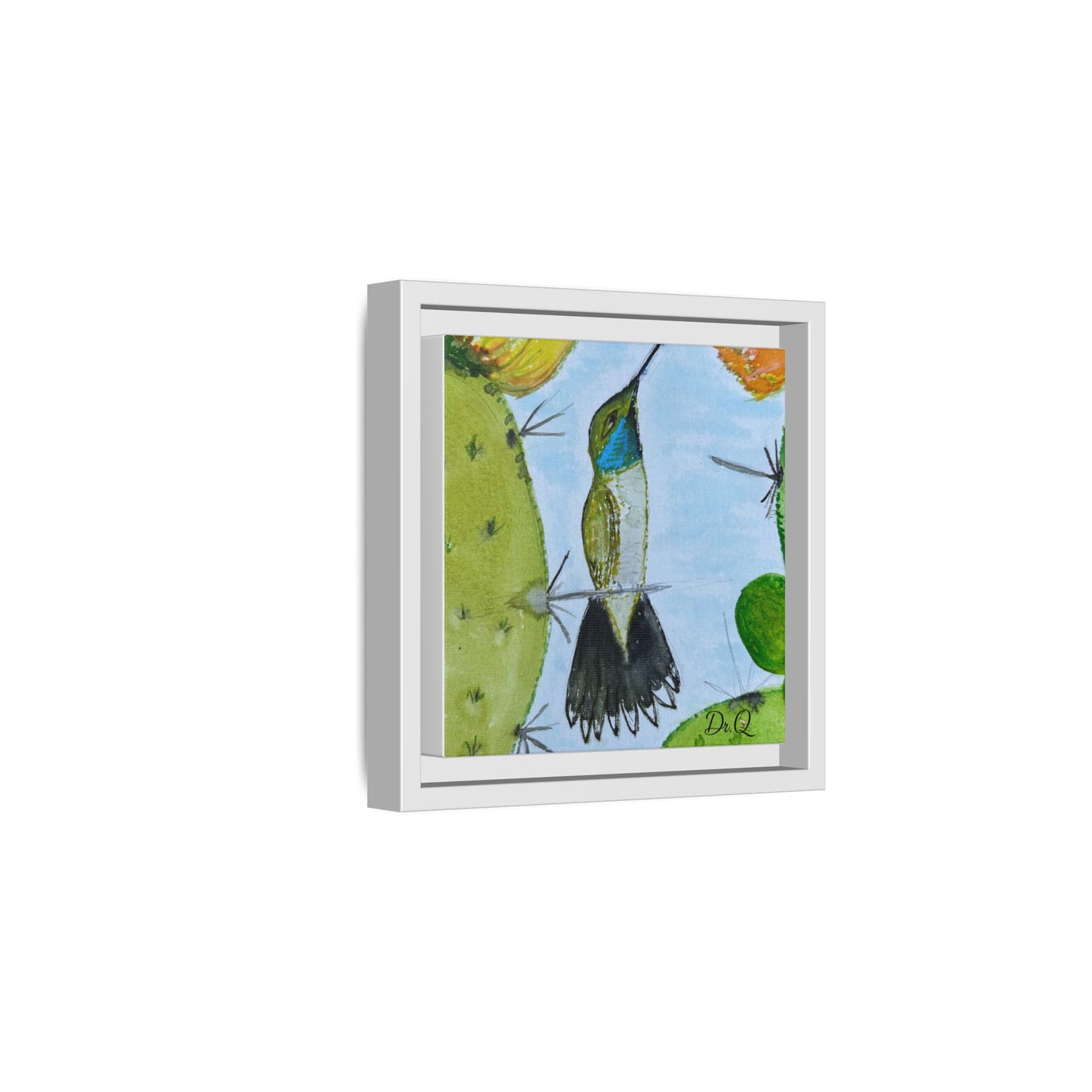 Framed Hummingbird Cactus Watercolor Print on Canvas by Dr. Q — Floral Desert Wall Art