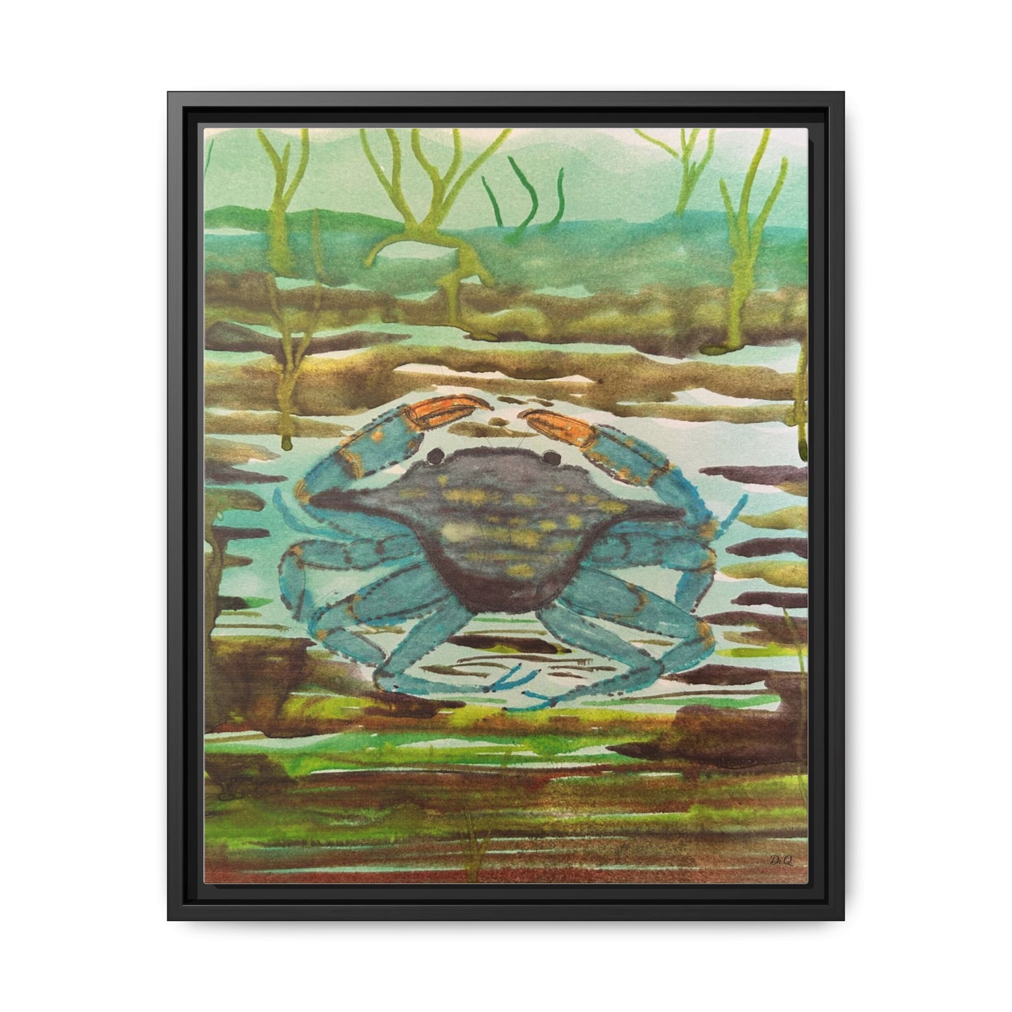 Blue Crab Coastal Art Print — Matte Framed Canvas