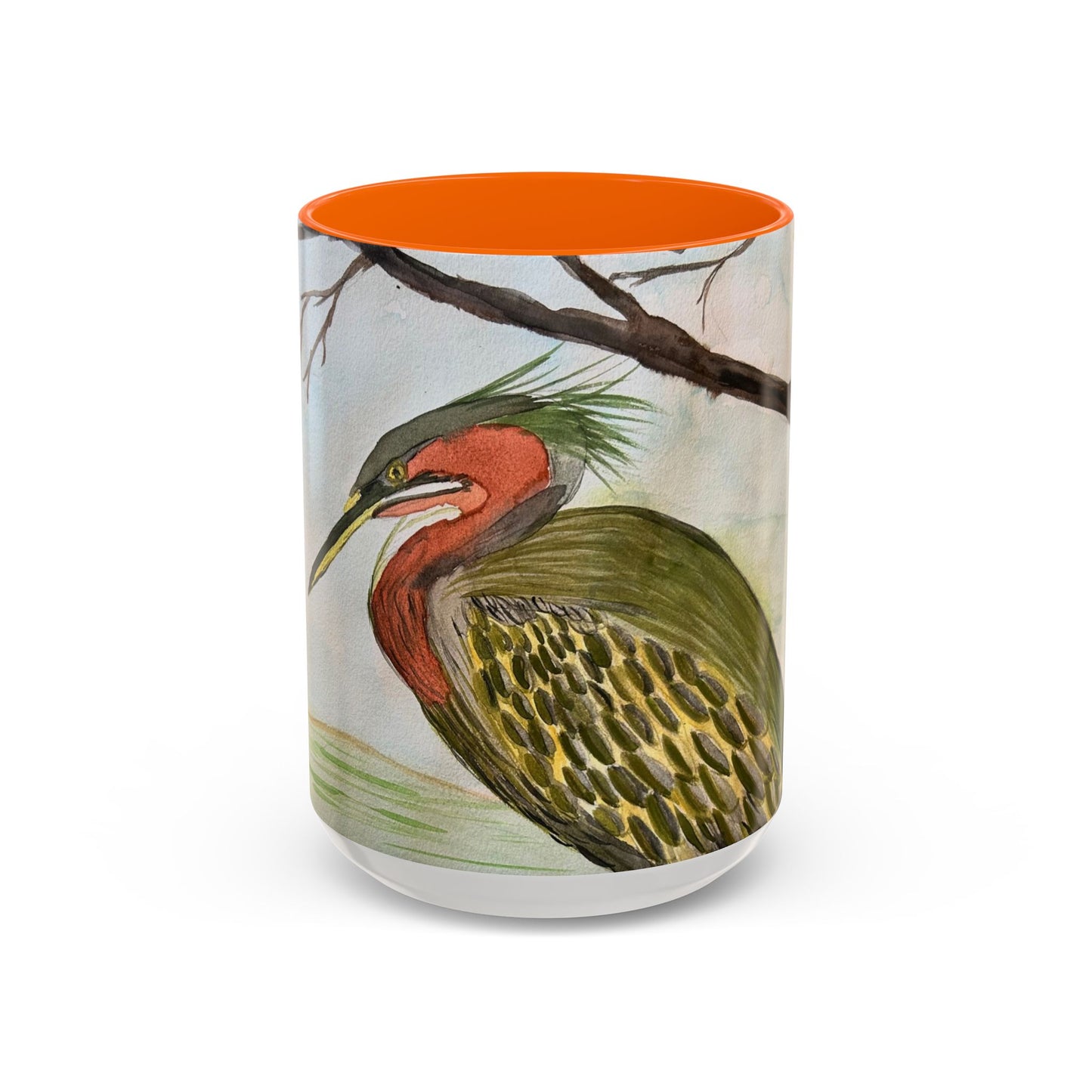 Green Heron Watercolor Accent Coffee Mug — Nature Bird Watercolor (11/15oz)