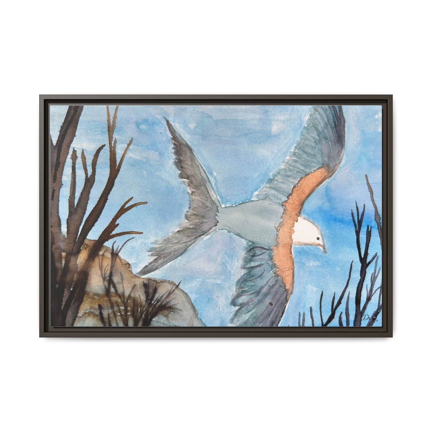 Framed Matte Canvas Wall Art — Soaring Seagull Coastal Print