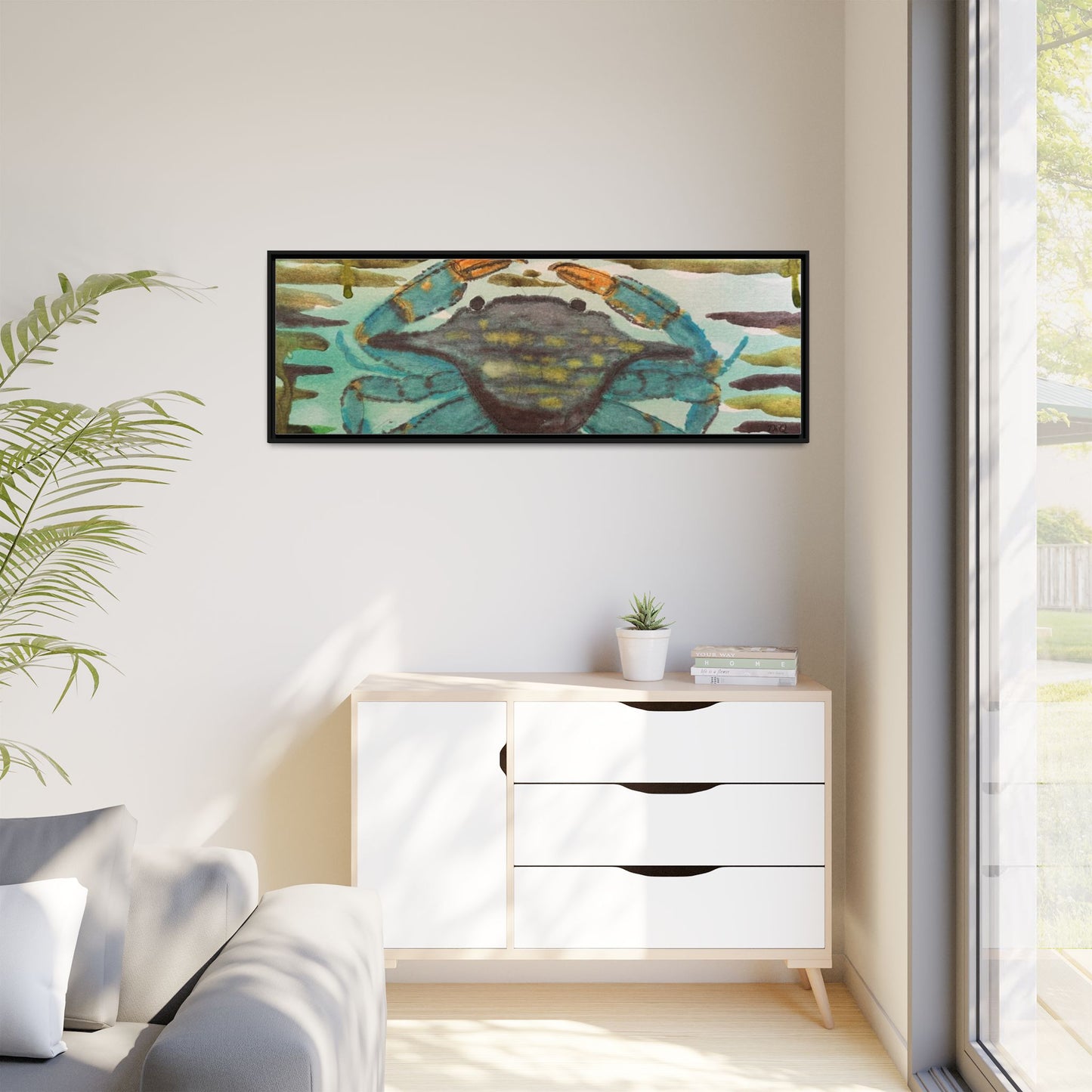 Blue Crab Coastal Art Print — Matte Framed Canvas