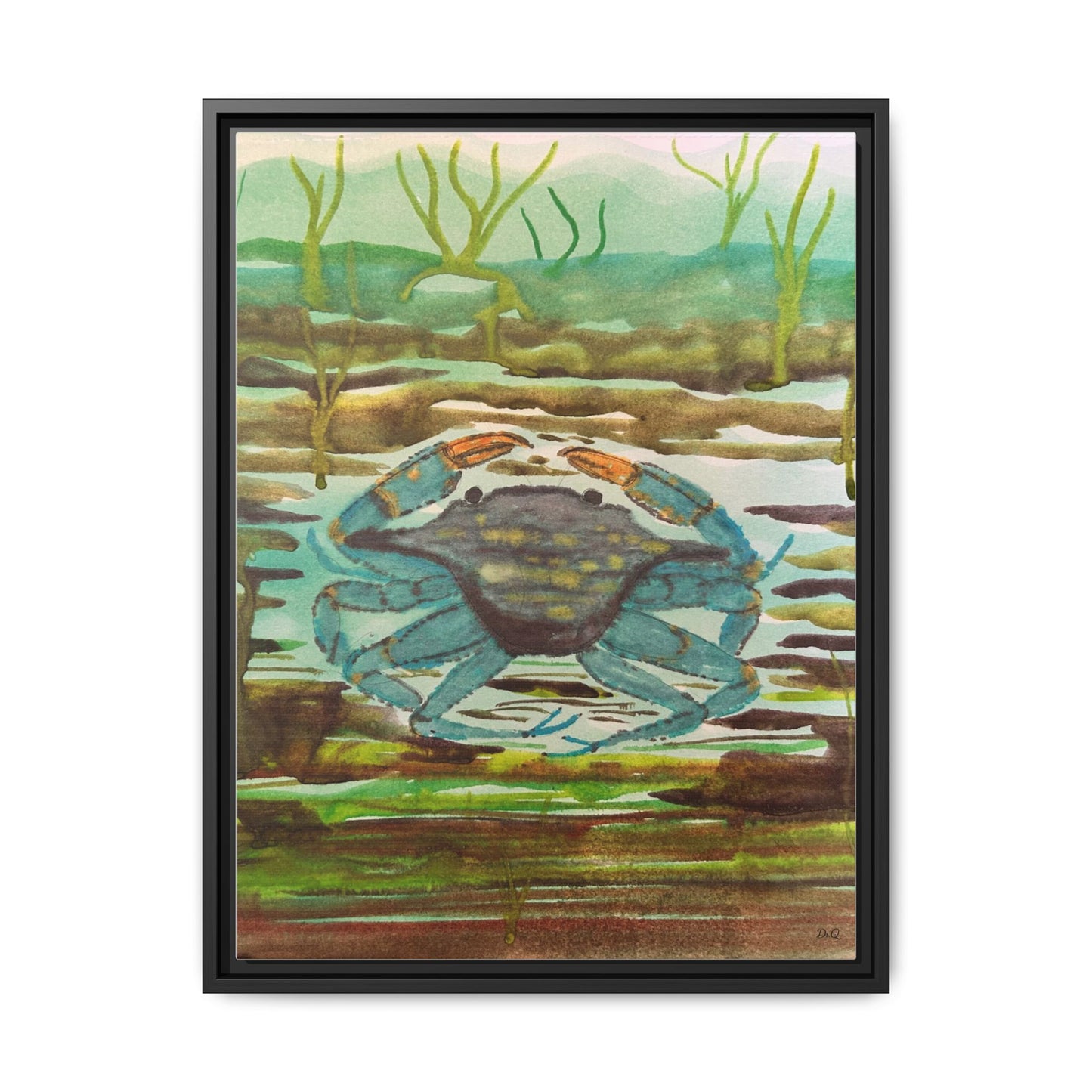 Blue Crab Coastal Art Print — Matte Framed Canvas