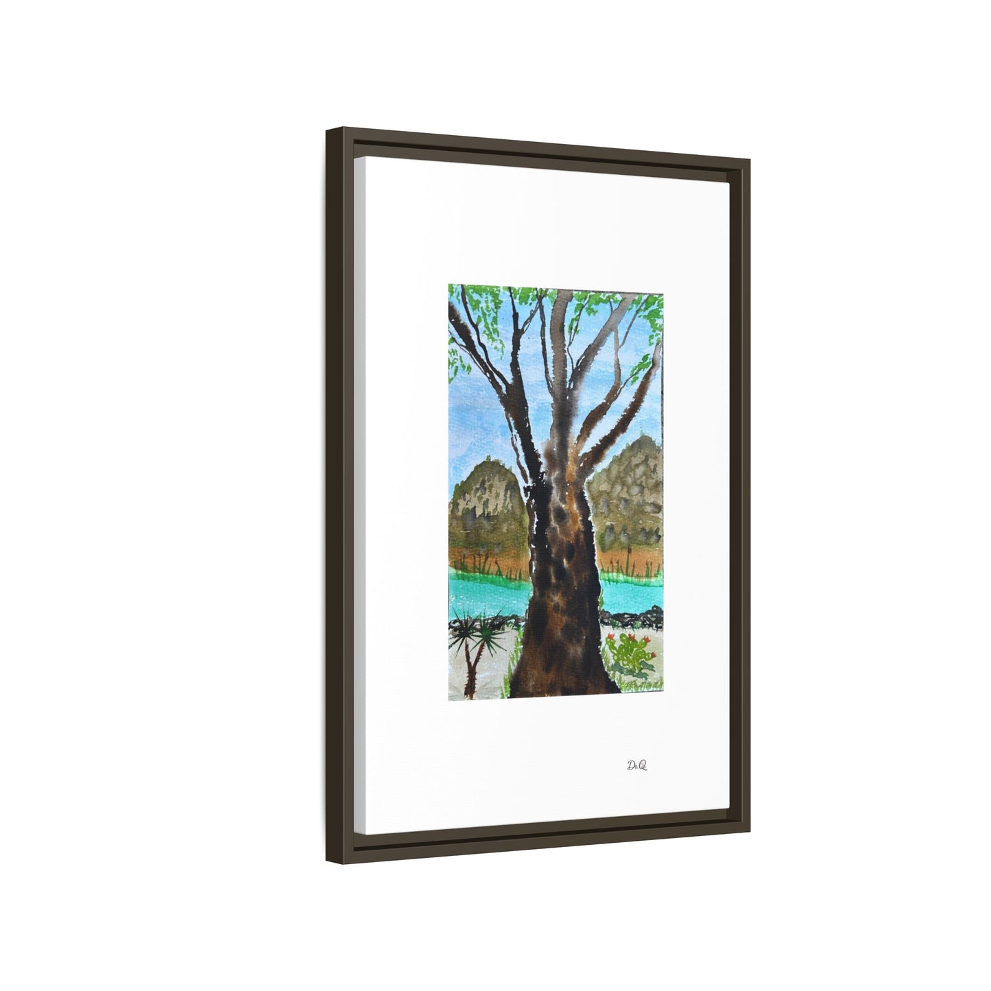 Tranquil Lakeside Tree Watercolor - Framed Matte Canvas Print by Dr. Q