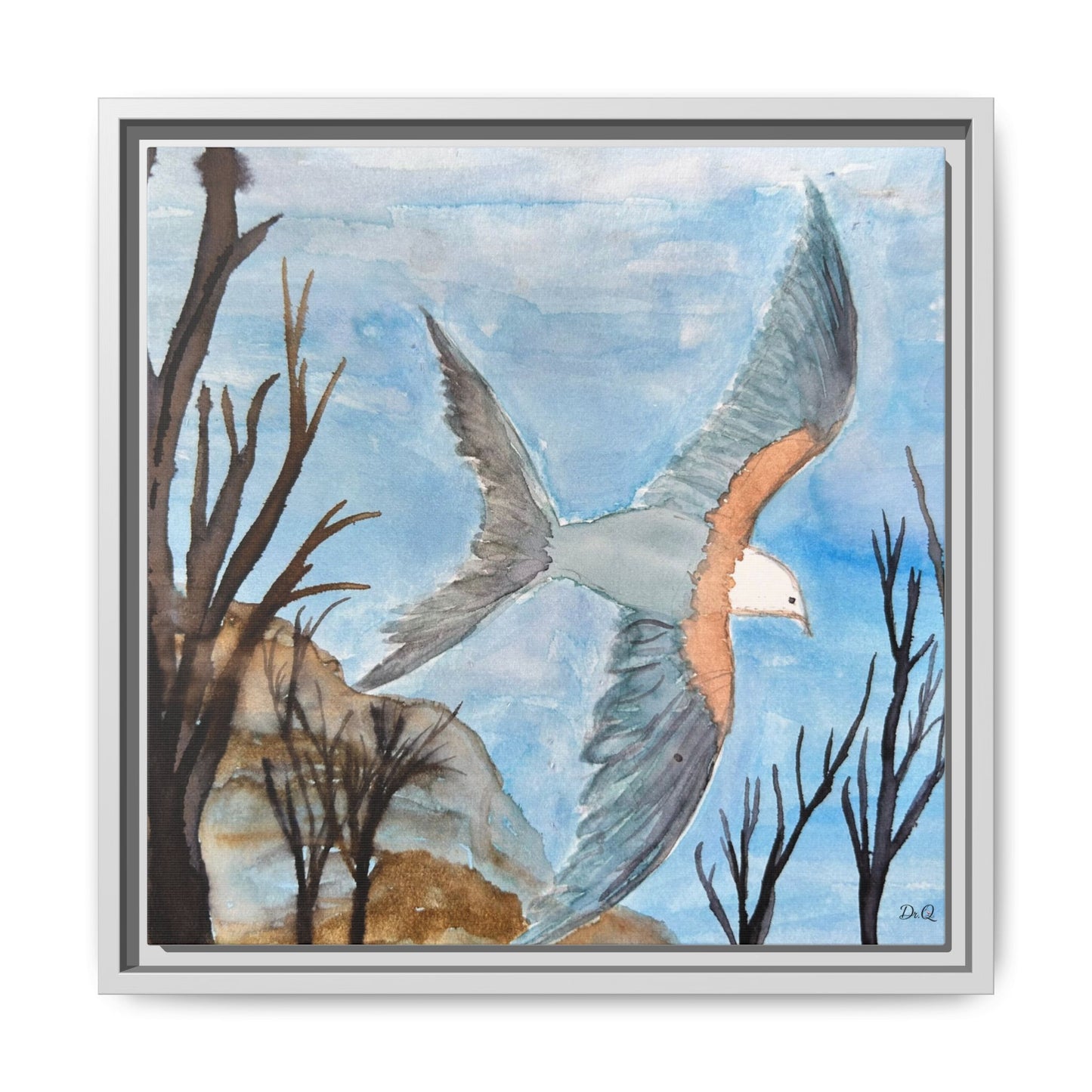 Framed Matte Canvas Wall Art — Soaring Seagull Coastal Print