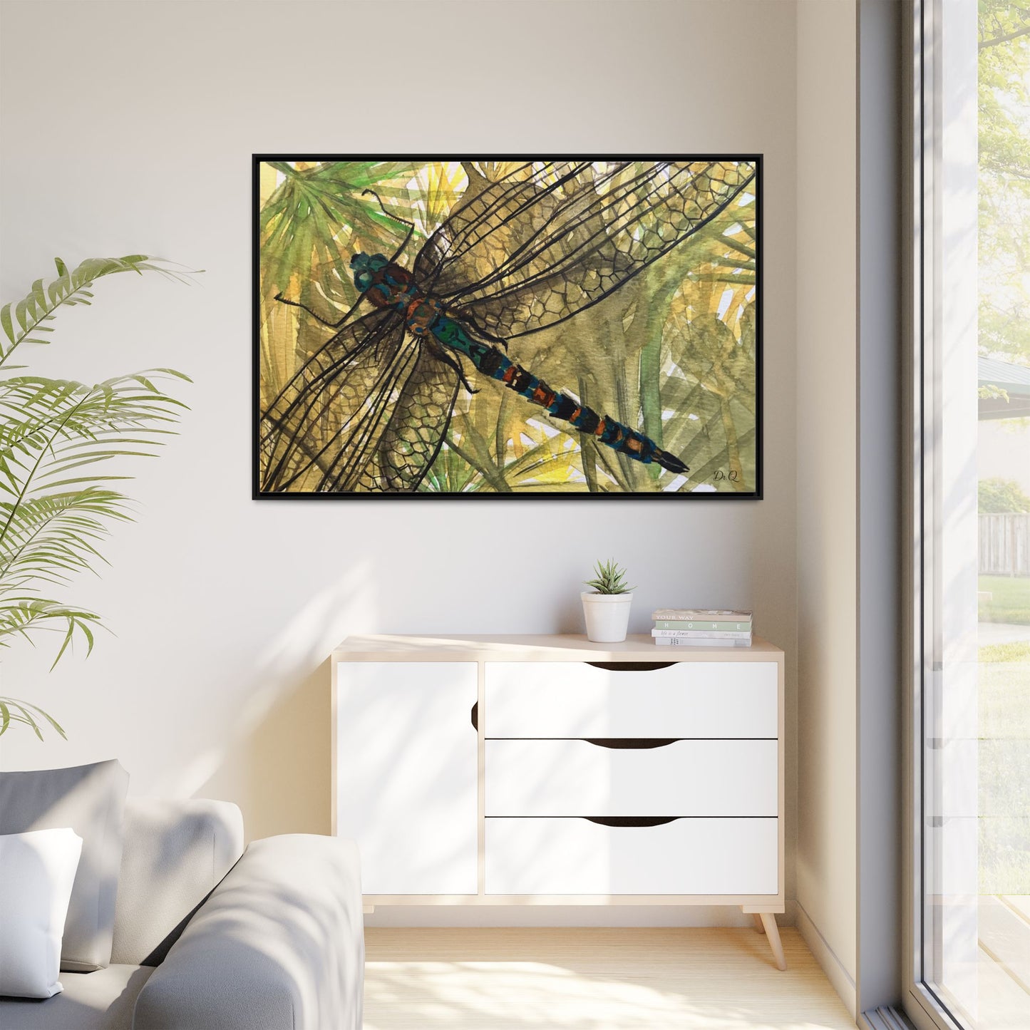 Dragonfly Framed Canvas Art — Botanical Watercolor Wall Decor