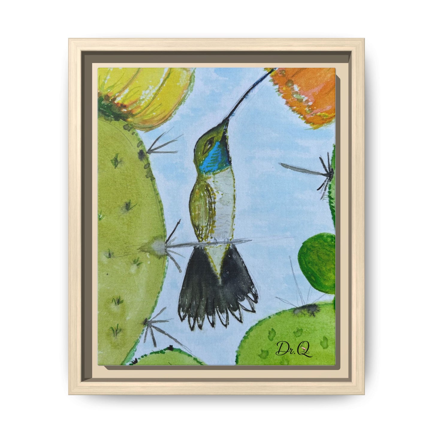 Framed Hummingbird Cactus Watercolor Print on Canvas by Dr. Q — Floral Desert Wall Art