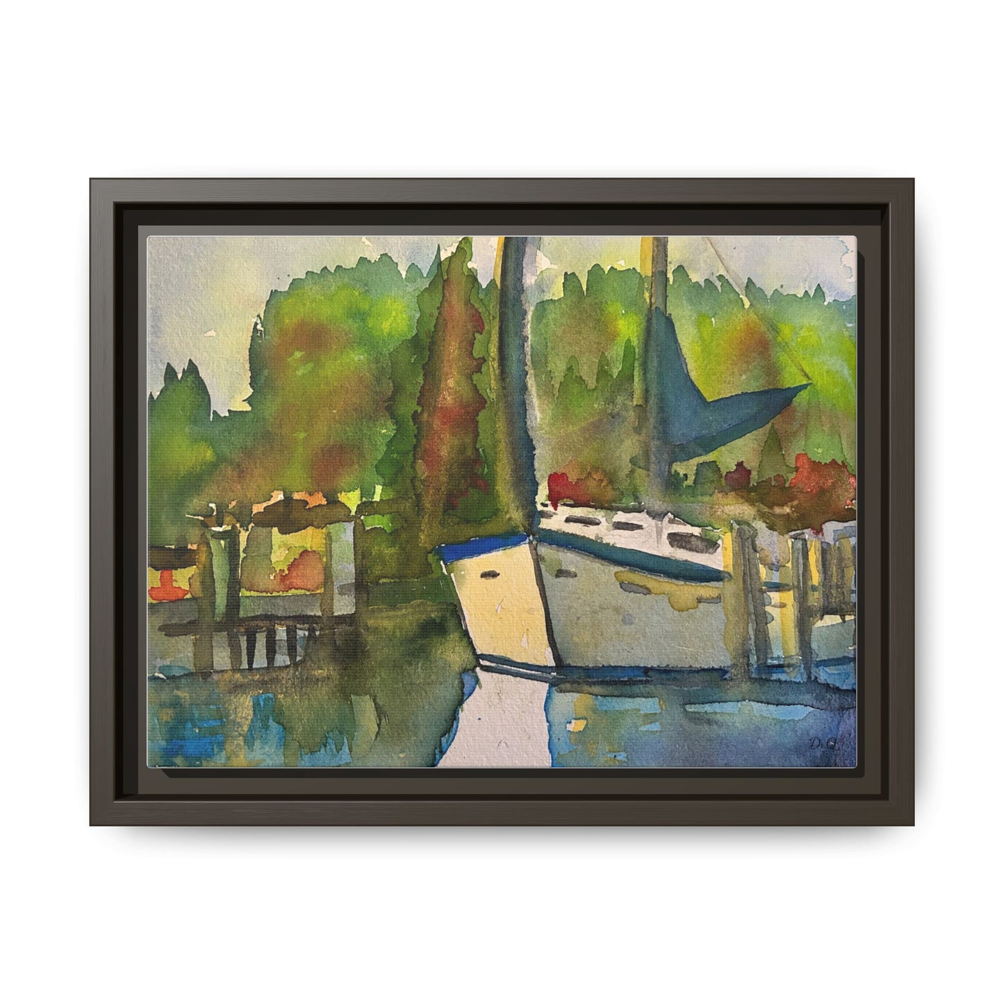 Sailboat Harbor Watercolor — Framed Matte Canvas Wall Art
