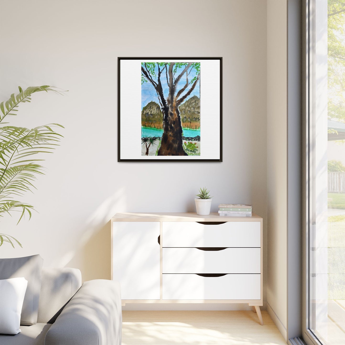 Tranquil Lakeside Tree Watercolor - Framed Matte Canvas Print by Dr. Q