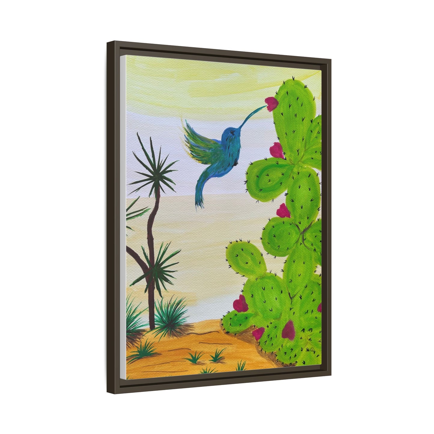 Tropical Cactus & Hummingbird Wall Art - Framed Matte Canvas