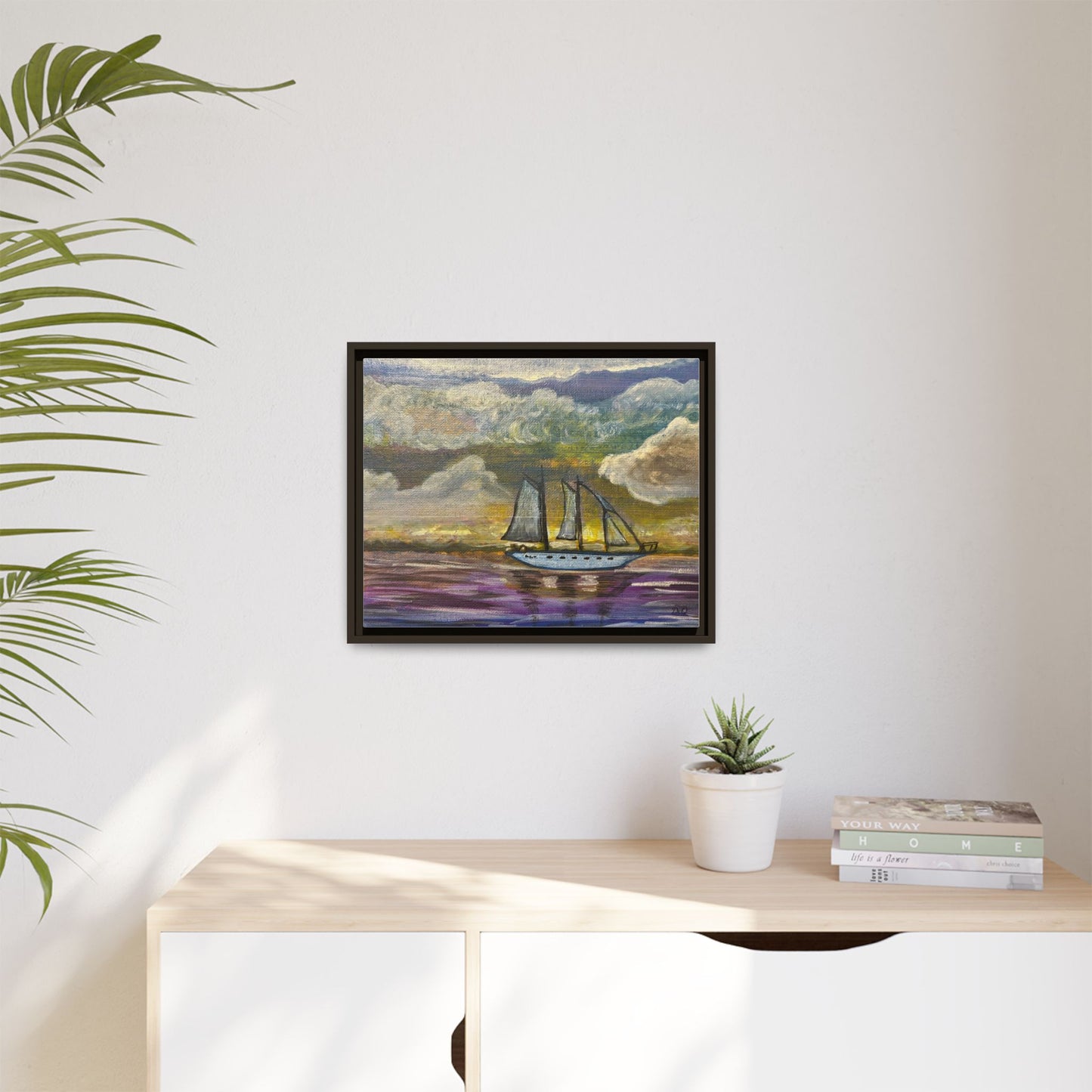 Framed Matte Canvas Sailboat Painting — Serene Seascape Wall Art