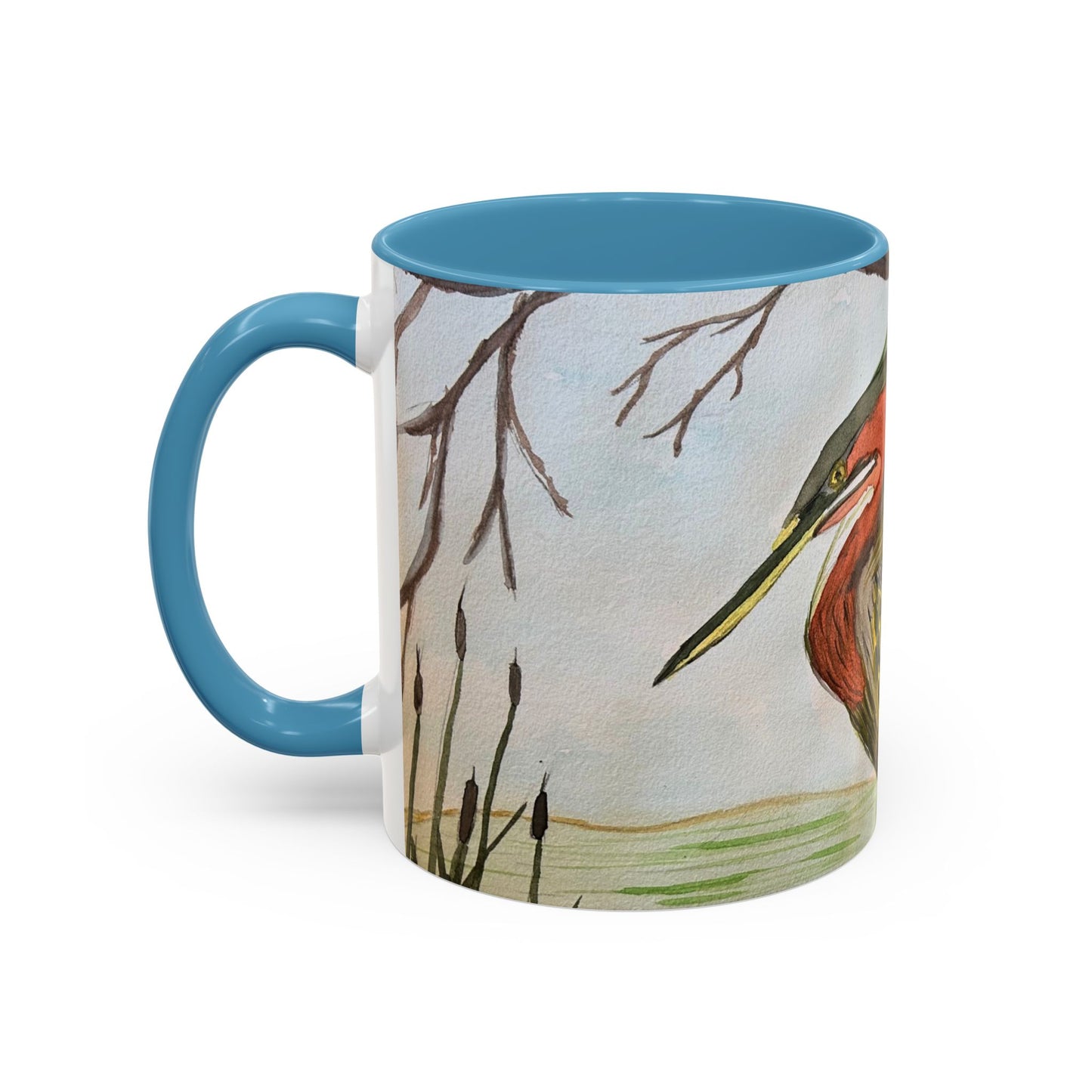 Green Heron Watercolor Accent Coffee Mug — Nature Bird Watercolor (11/15oz)