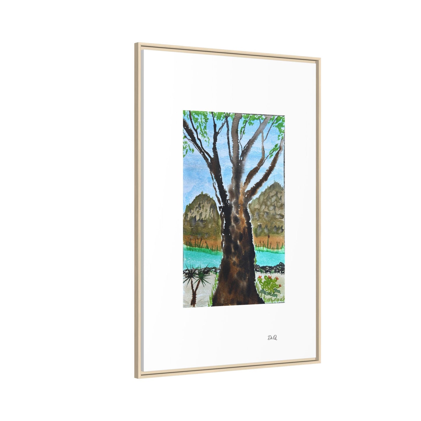 Tranquil Lakeside Tree Watercolor - Framed Matte Canvas Print by Dr. Q