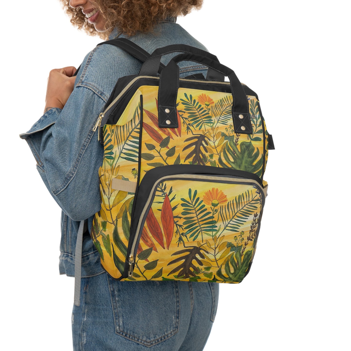 Tropical Floral Diaper Backpack — Yellow Jungle Baby Changing Bag
