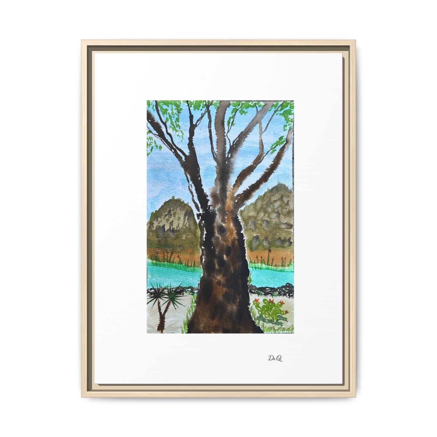 Tranquil Lakeside Tree Watercolor - Framed Matte Canvas Print by Dr. Q