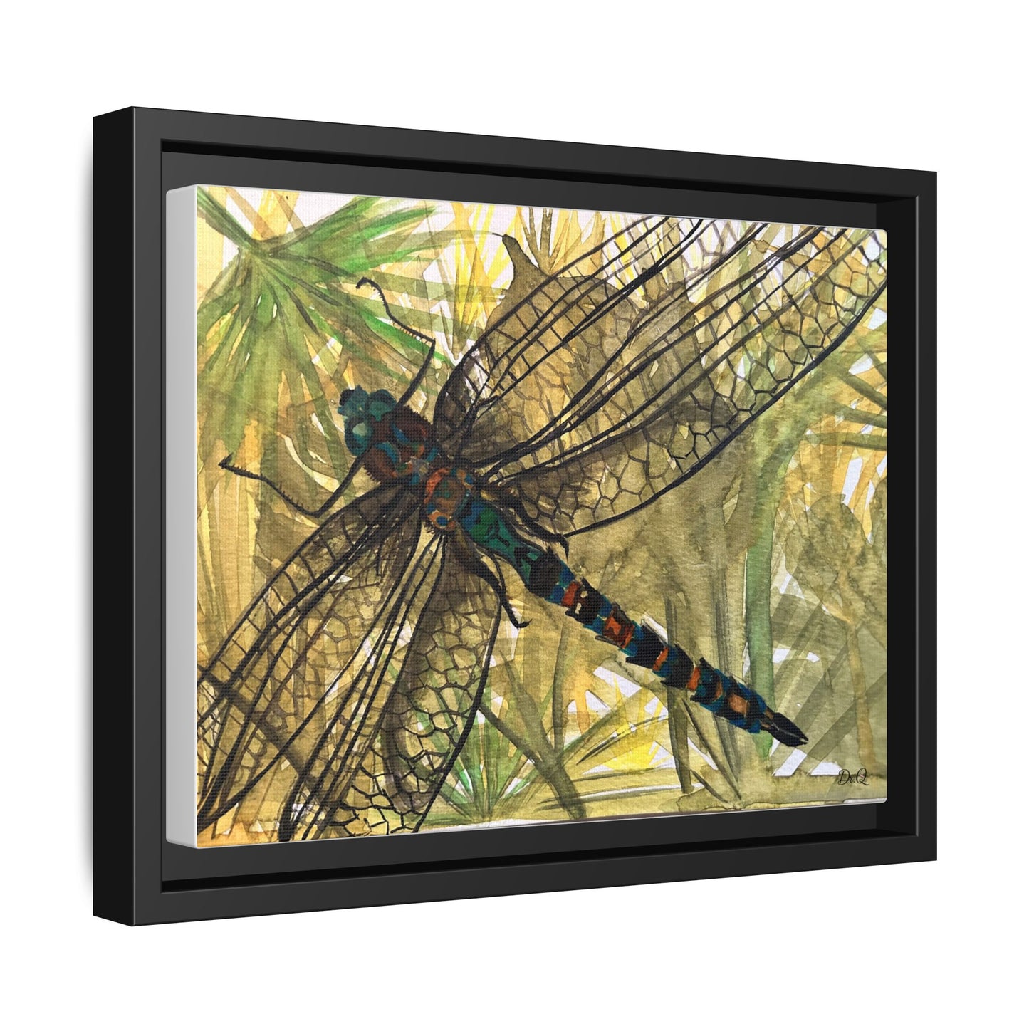 Dragonfly Framed Canvas Art — Botanical Watercolor Wall Decor