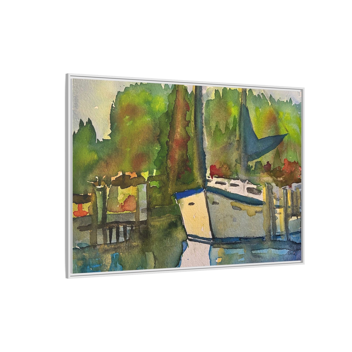 Sailboat Harbor Watercolor — Framed Matte Canvas Wall Art
