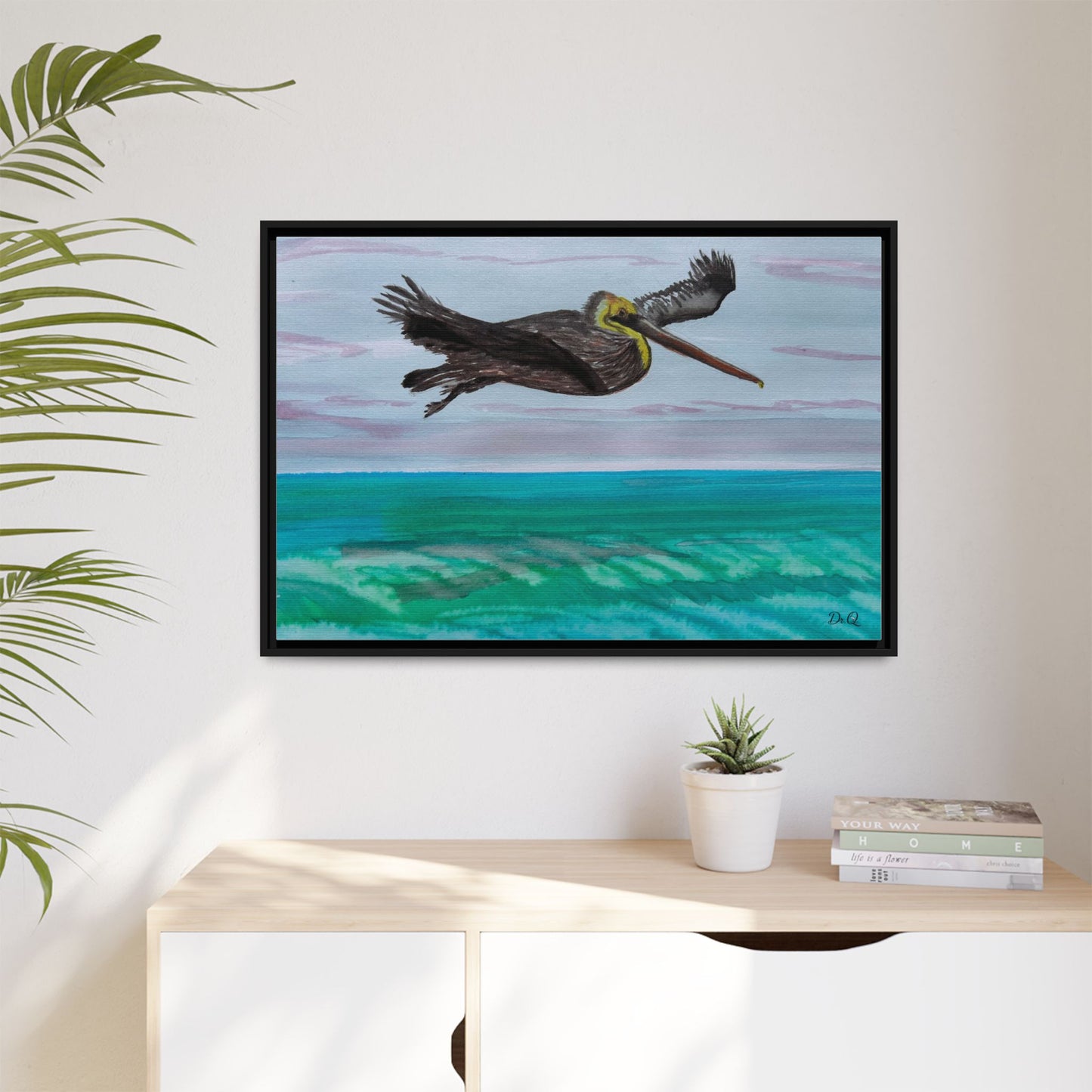 Brown Pelican Over Ocean Matte Framed Canvas Art