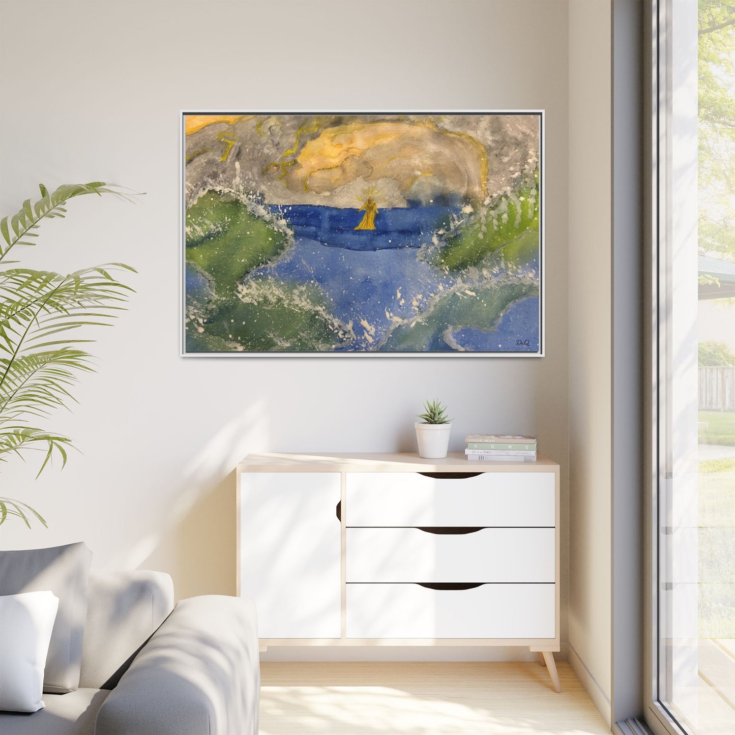 "Faith in the Storm" Framed Matte Canvas Seascape — Golden Sail at Sunset