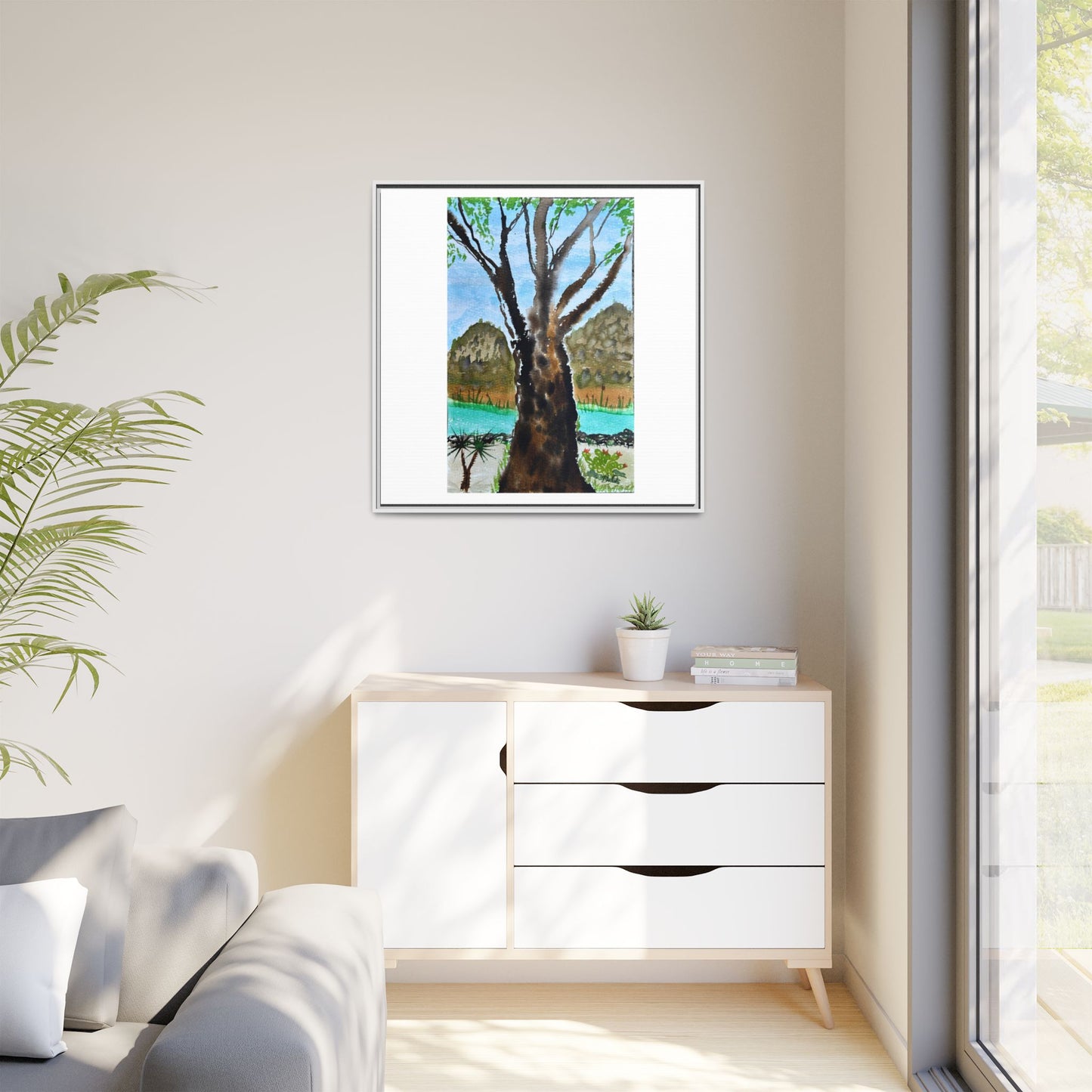 Tranquil Lakeside Tree Watercolor - Framed Matte Canvas Print by Dr. Q