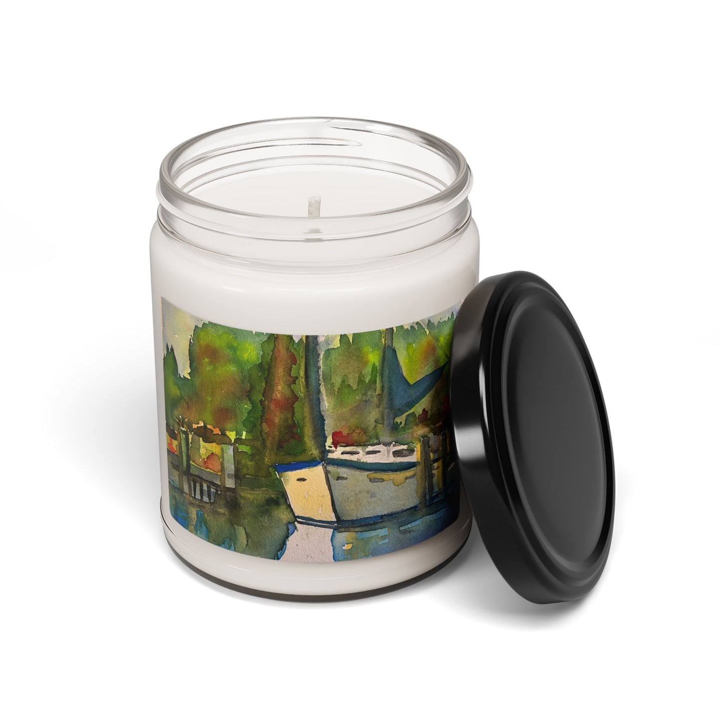 Sailboat Harbor Soy Candle — 9oz Scented Jar with Coastal Watercolor Design