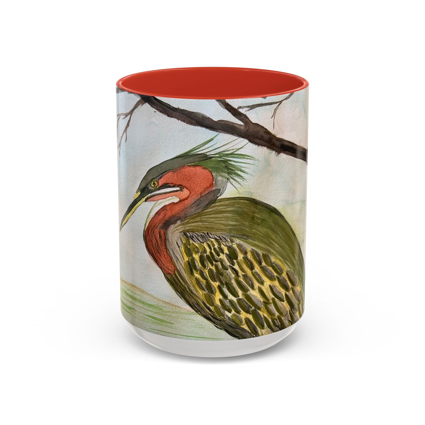 Green Heron Watercolor Accent Coffee Mug — Nature Bird Watercolor (11/15oz)