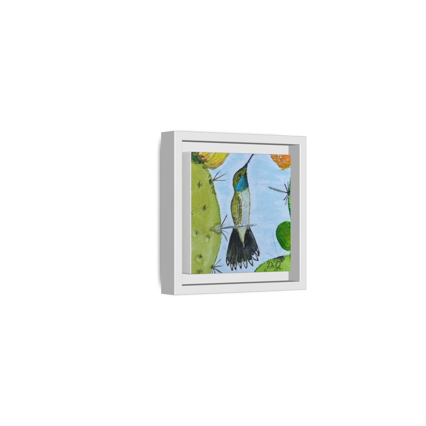 Framed Hummingbird Cactus Watercolor Print on Canvas by Dr. Q — Floral Desert Wall Art