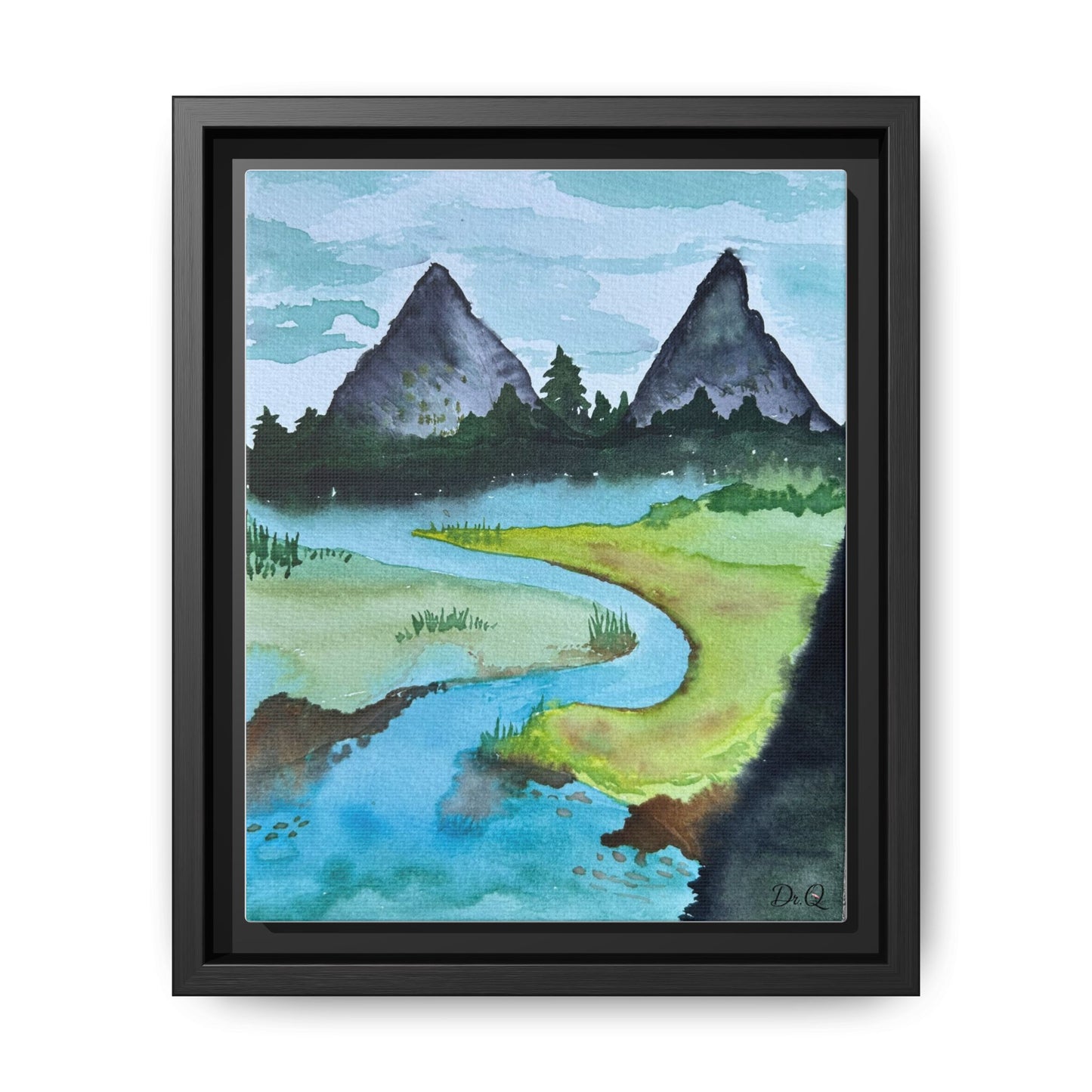 Mountain River Framed Canvas Watercolor Print by Dr. Q
