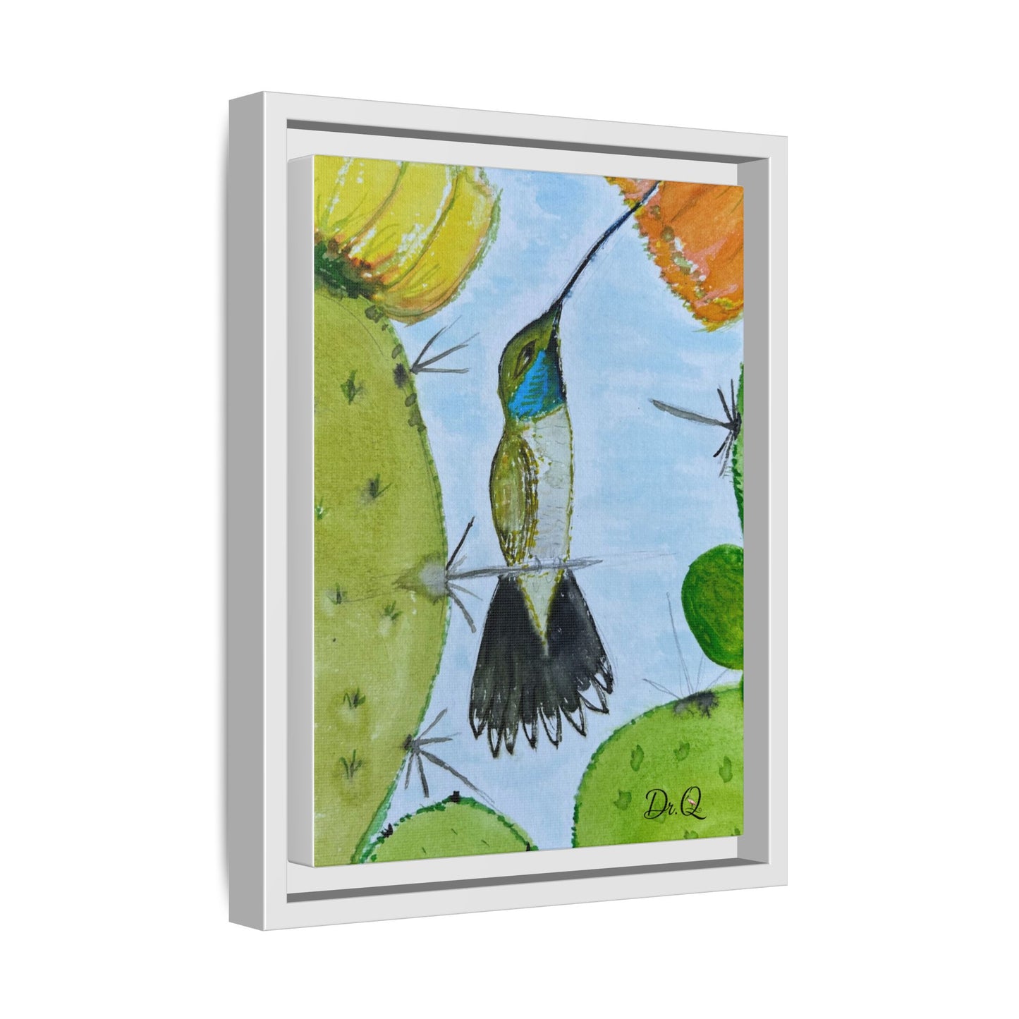 Framed Hummingbird Cactus Watercolor Print on Canvas by Dr. Q — Floral Desert Wall Art