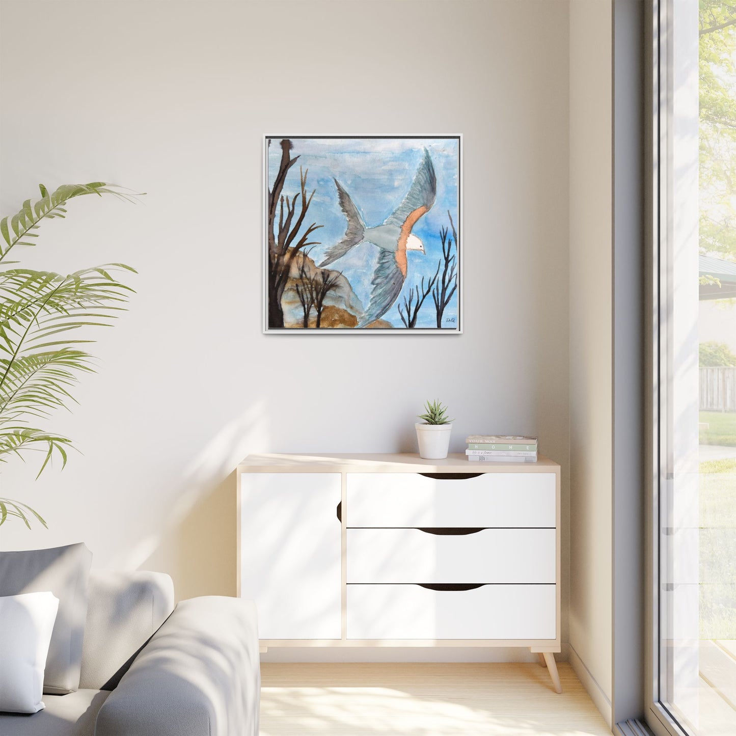 Framed Matte Canvas Wall Art — Soaring Seagull Coastal Print