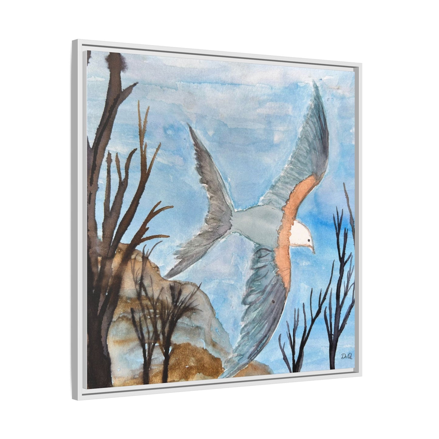Framed Matte Canvas Wall Art — Soaring Seagull Coastal Print