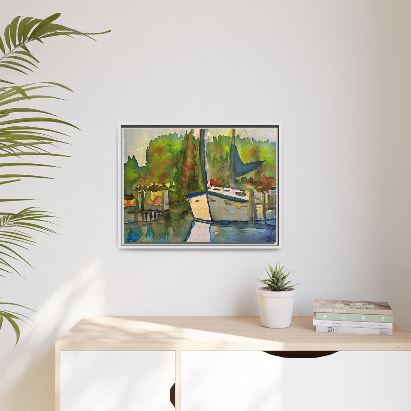 Sailboat Harbor Watercolor — Framed Matte Canvas Wall Art