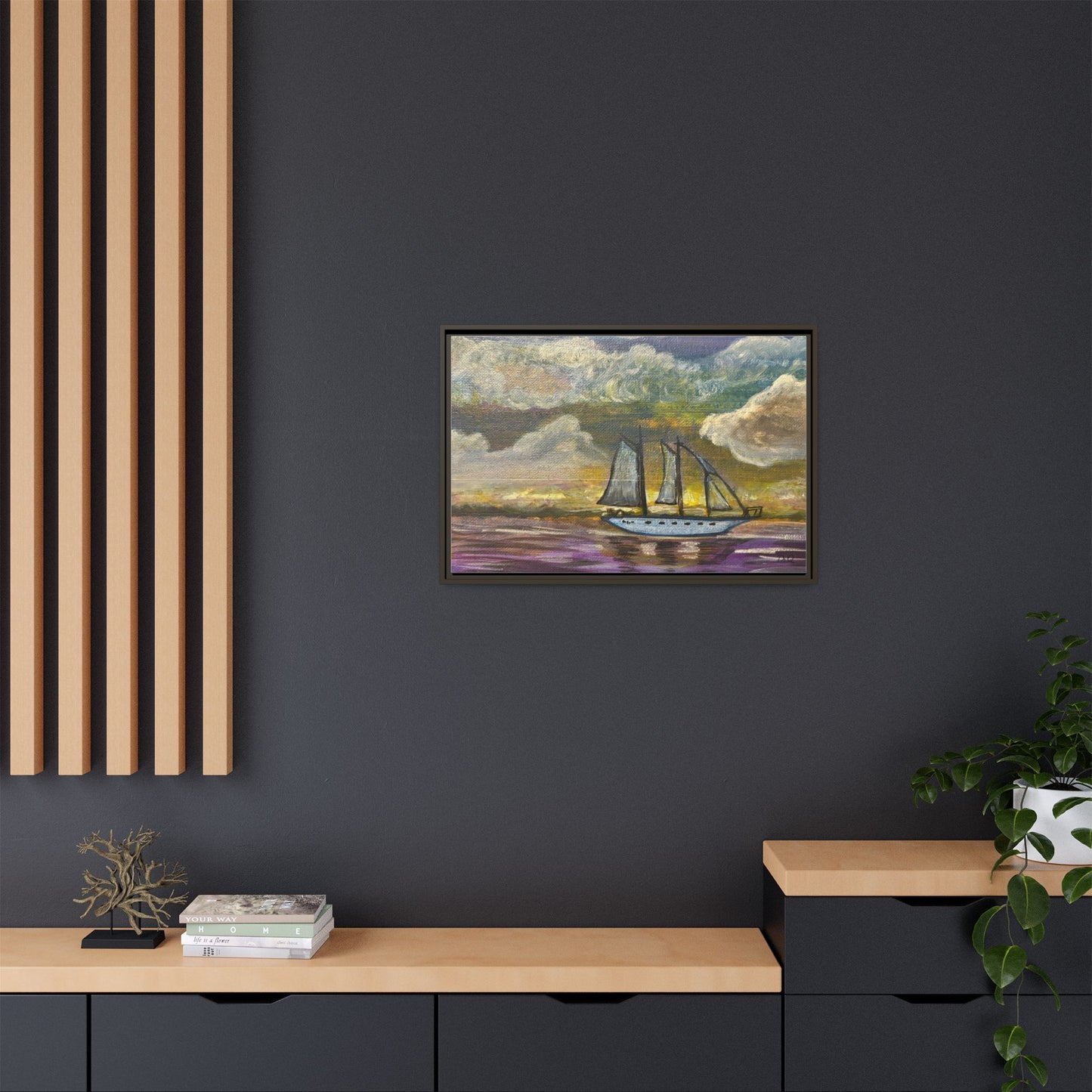 Framed Matte Canvas Sailboat Painting — Serene Seascape Wall Art