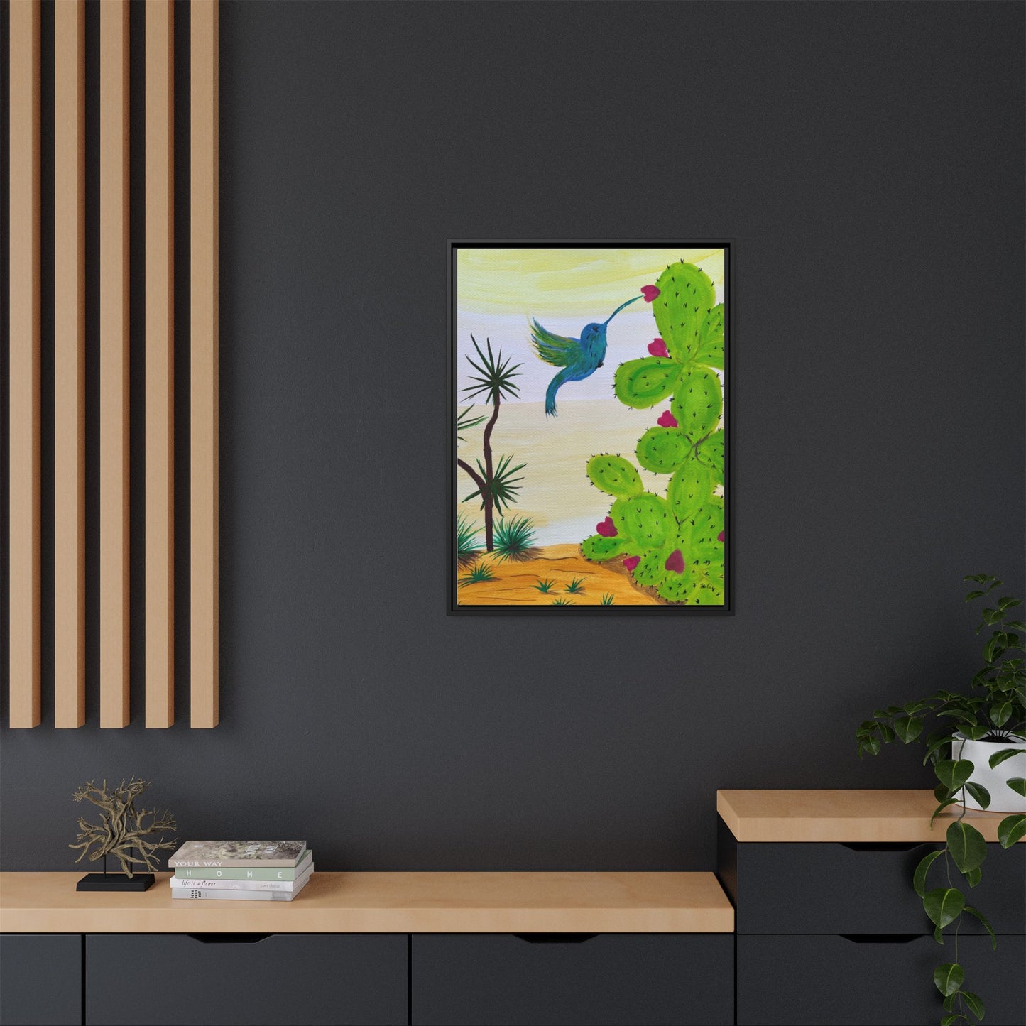 Tropical Cactus & Hummingbird Wall Art - Framed Matte Canvas