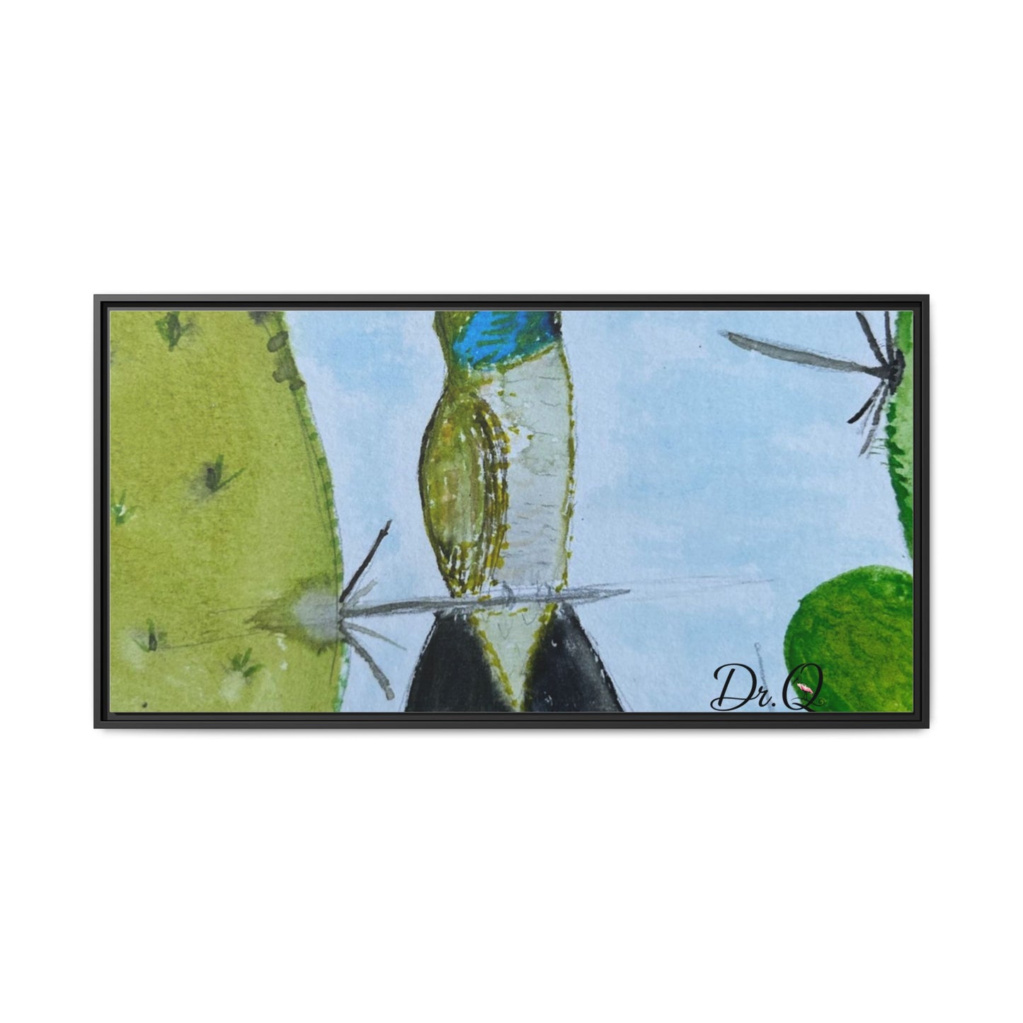 Framed Hummingbird Cactus Watercolor Print on Canvas by Dr. Q — Floral Desert Wall Art