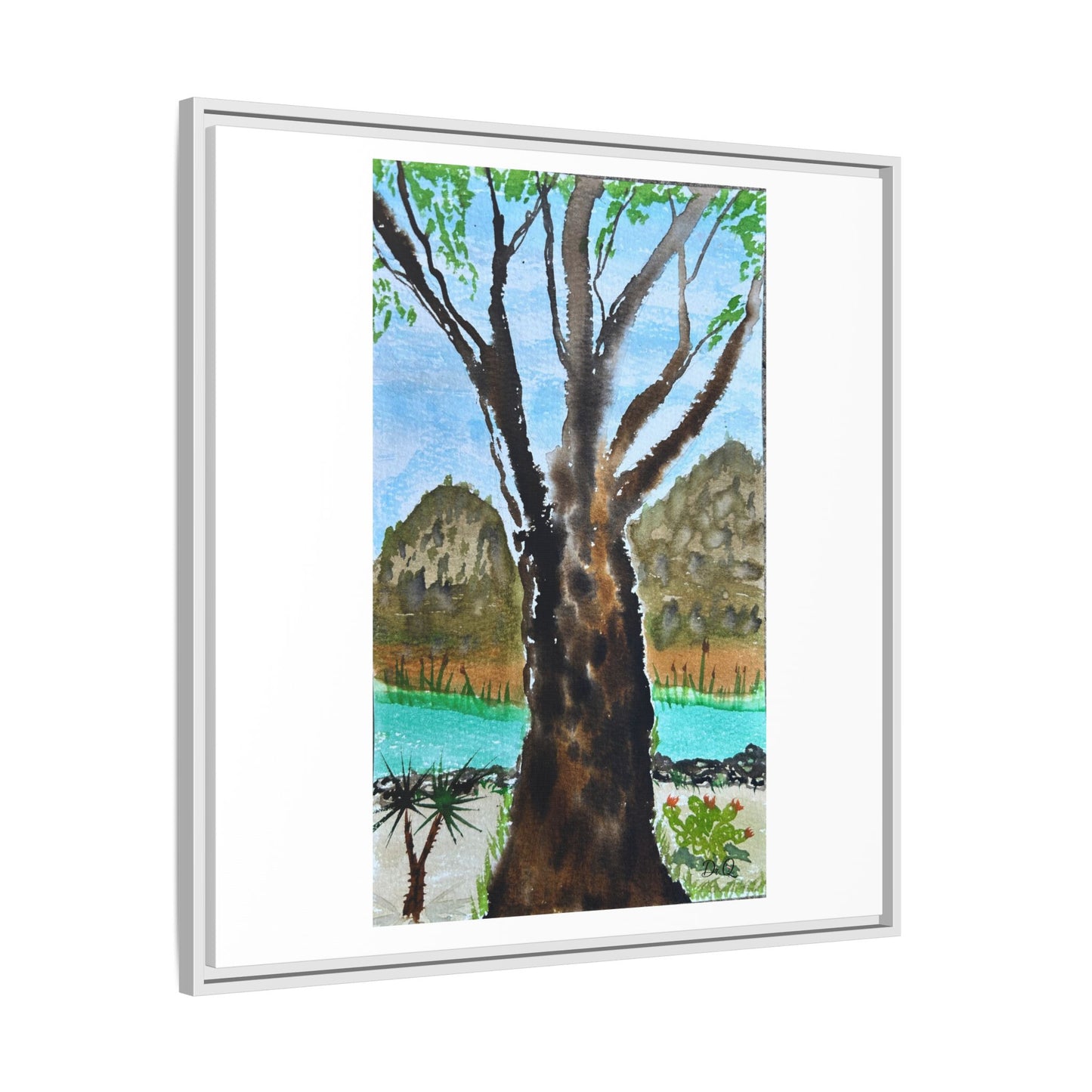 Tranquil Lakeside Tree Watercolor - Framed Matte Canvas Print by Dr. Q