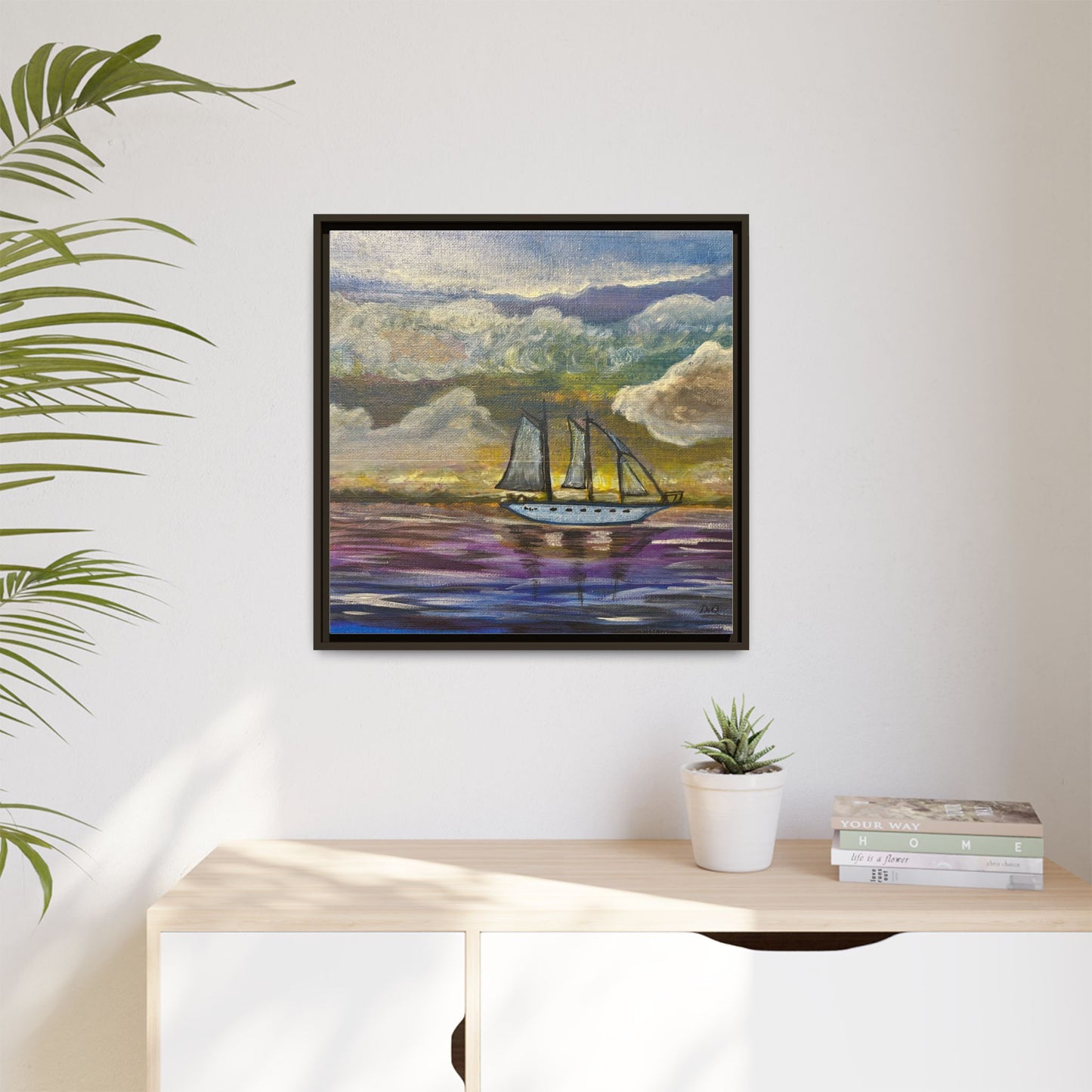 Framed Matte Canvas Sailboat Painting — Serene Seascape Wall Art