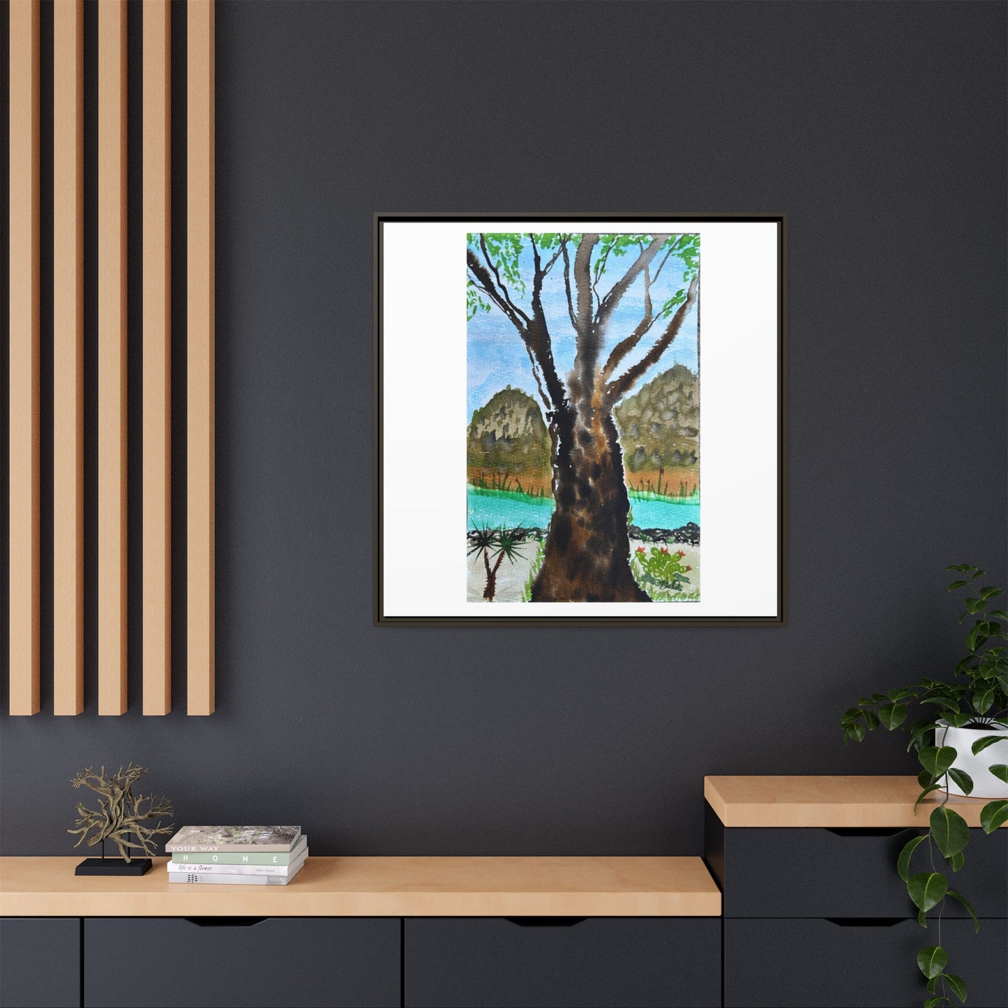 Tranquil Lakeside Tree Watercolor - Framed Matte Canvas Print by Dr. Q